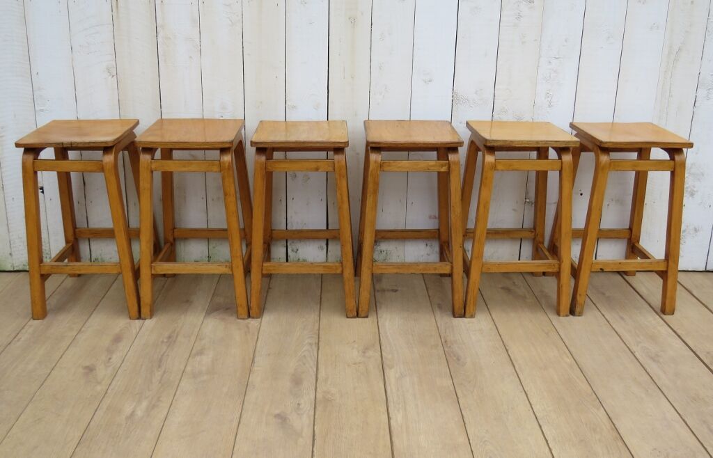 Six English School Lab Bar Stools