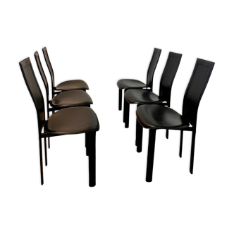 Lot 6 black leather chairs Italian design 80s Cattelan Italia vintage Lara model