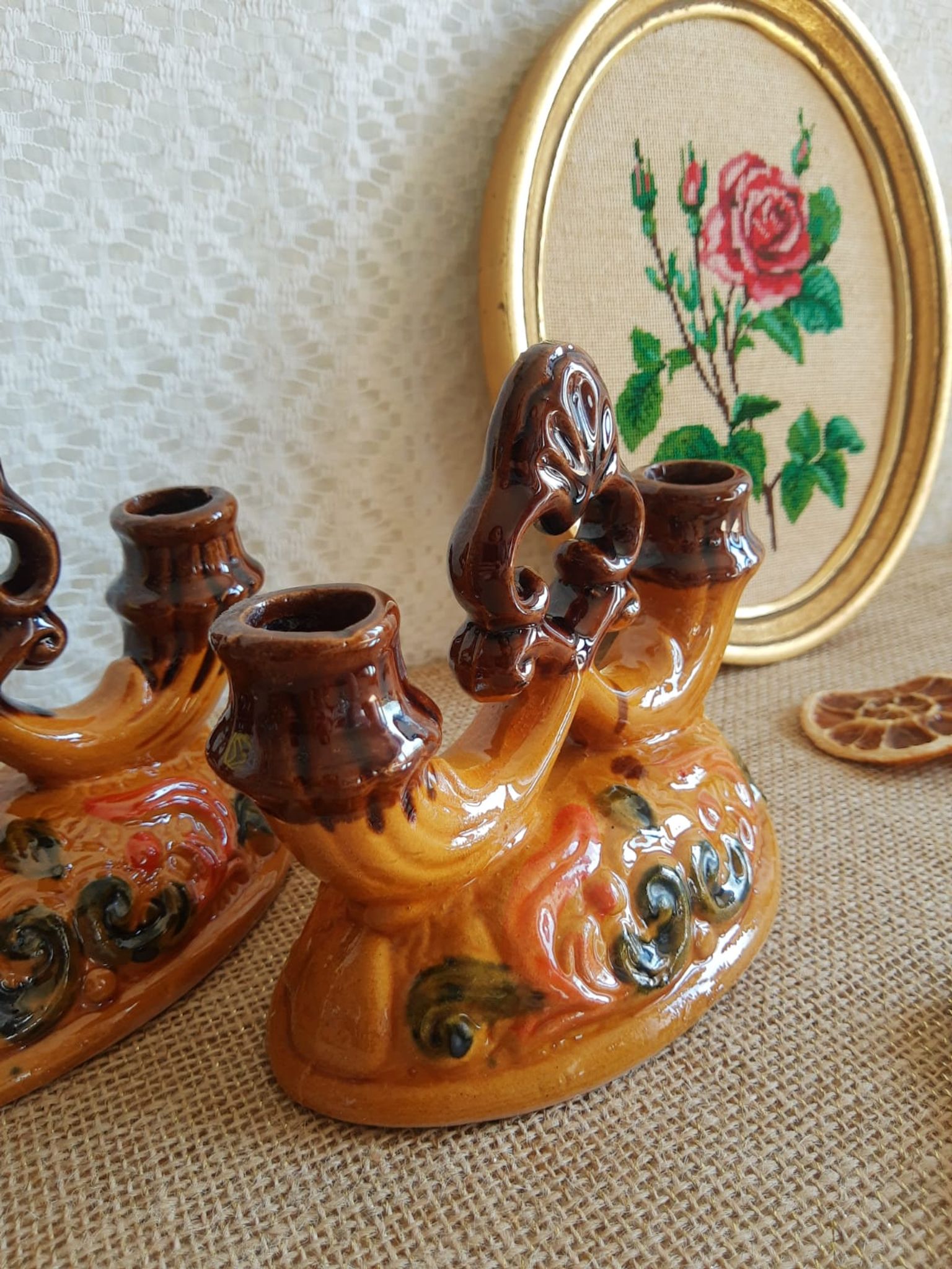 Paire de bougeoirs double barbotine - vintage