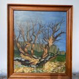 Old painting forest tree oil on canvas