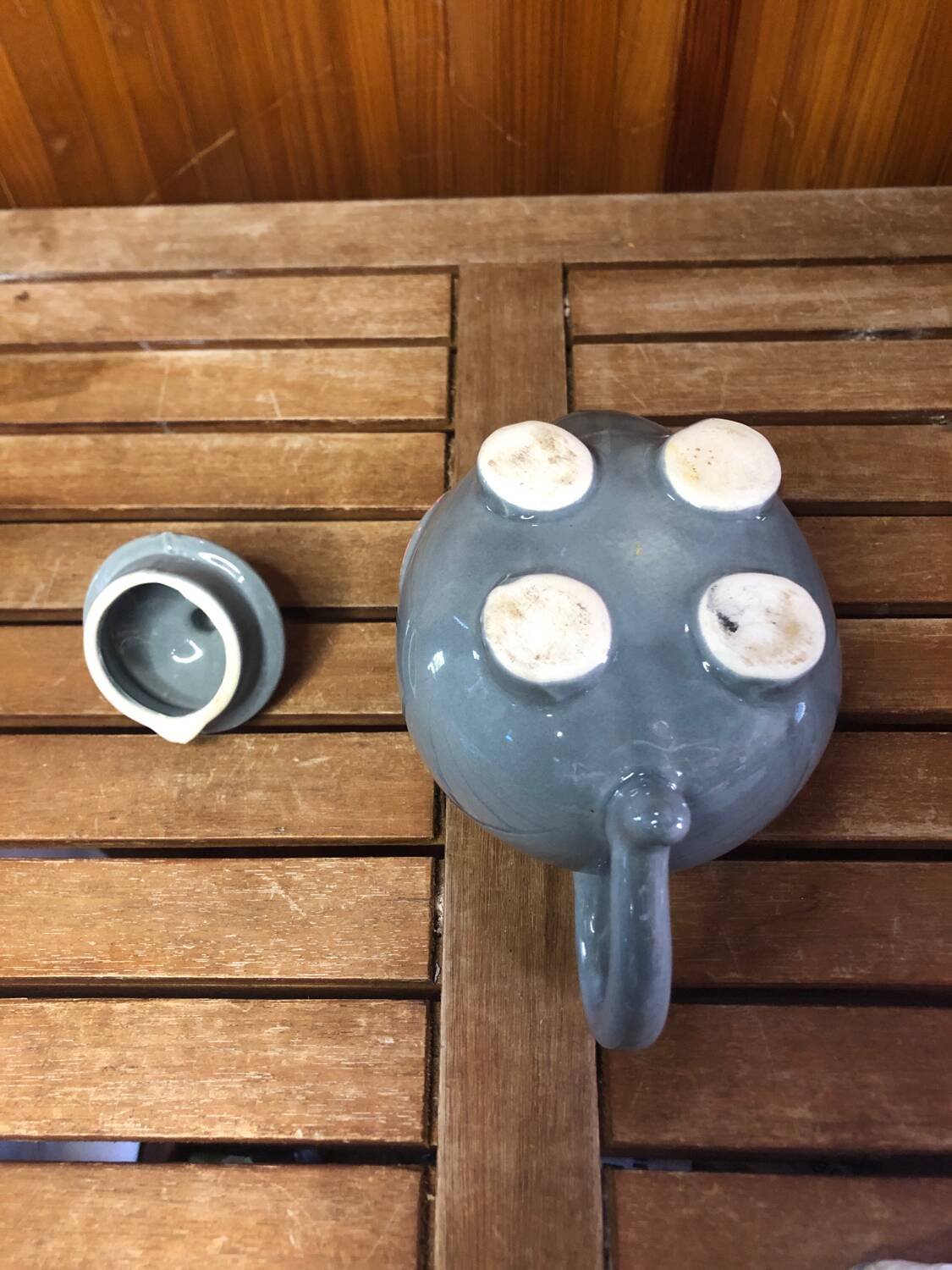 Old teapot elephant shape gray & pink ceramic vintage #a472