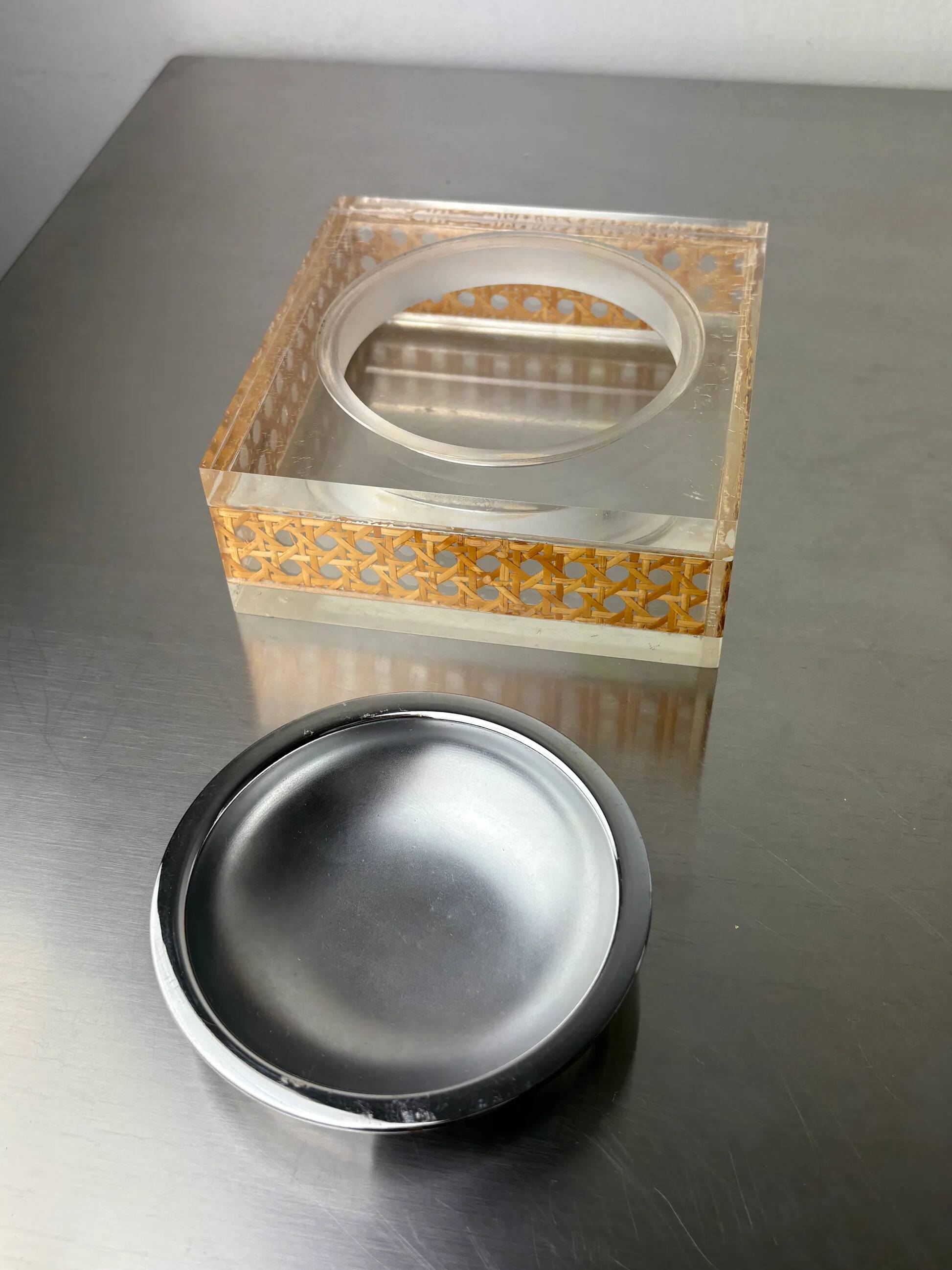 Christian Dior style lucite & rattan ashtray, circa 1970s