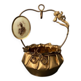 Golden metal basket Napoleon III 19th century foliage decoration religious medallion