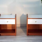 Pair of bedside tables, mahogany, white laminate and brass, 1970