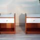 Pair of bedside tables, mahogany, white laminate and brass, 1970