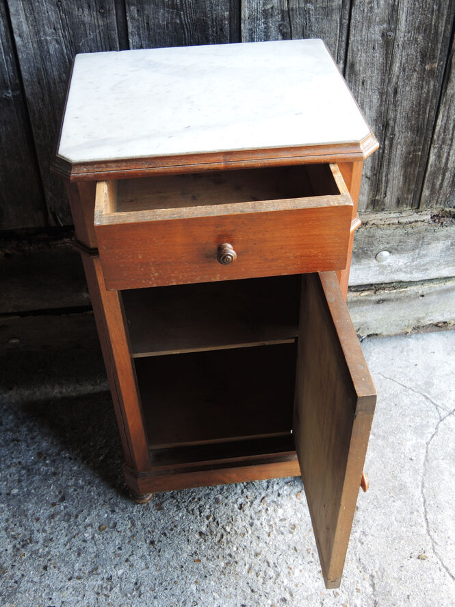 Old louis philippe style bedside table in wood & white marble