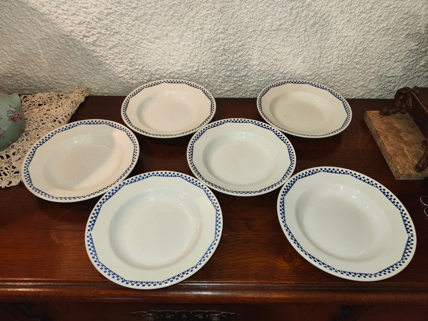 6 hollow plates Moulin des loups and Hamage Orchies France patterned 50s