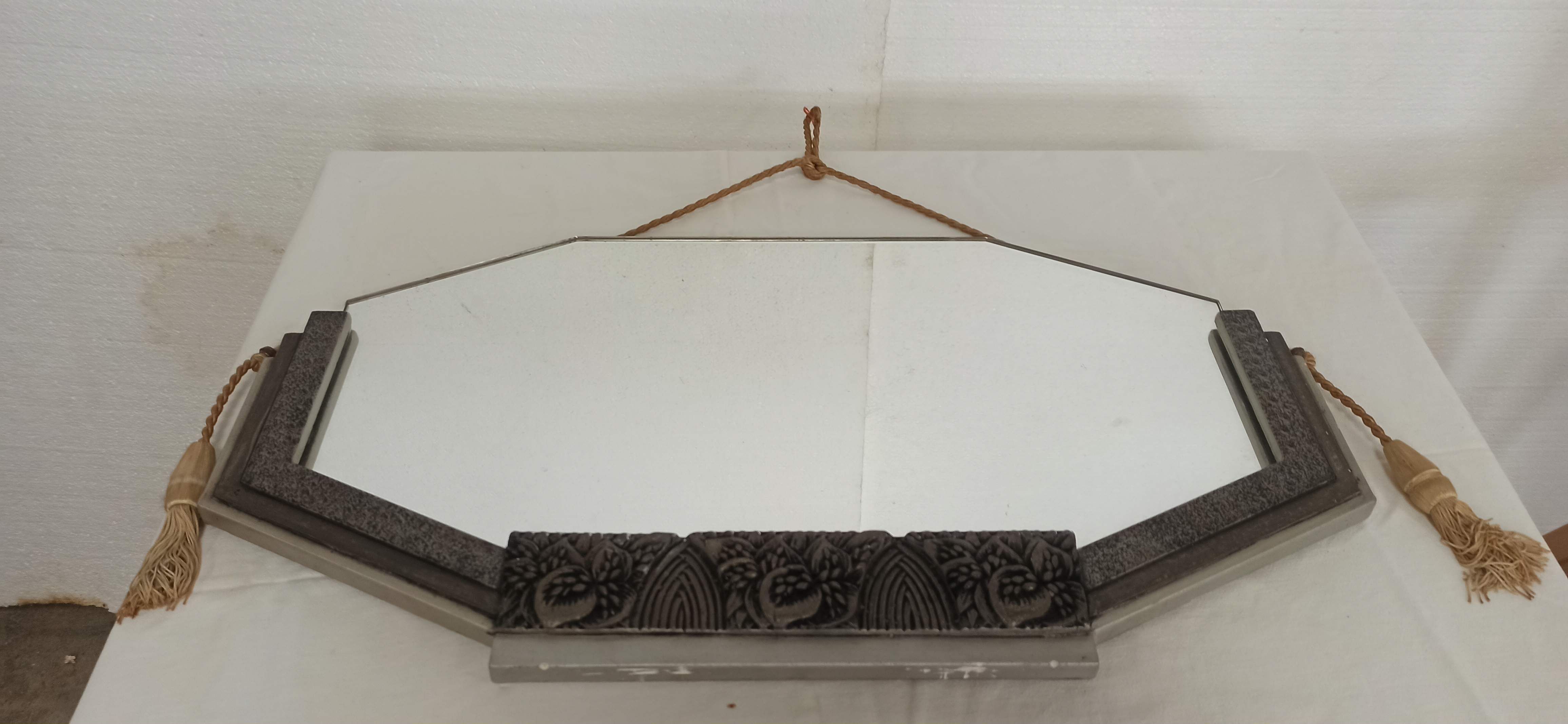 Mirror art deco grey silver pom pom rope