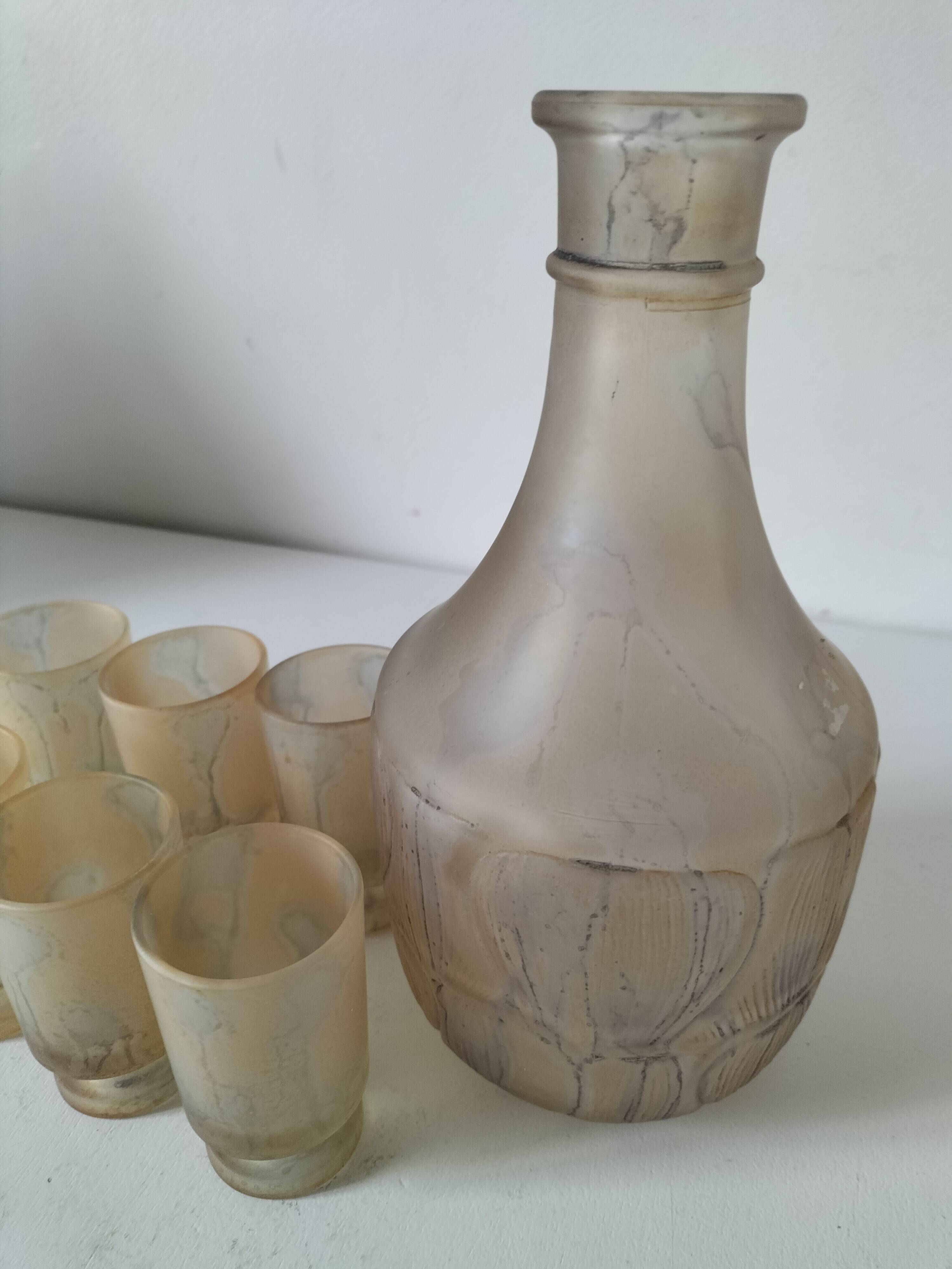 Frosted glass carafe and 6 stemmed glasses set