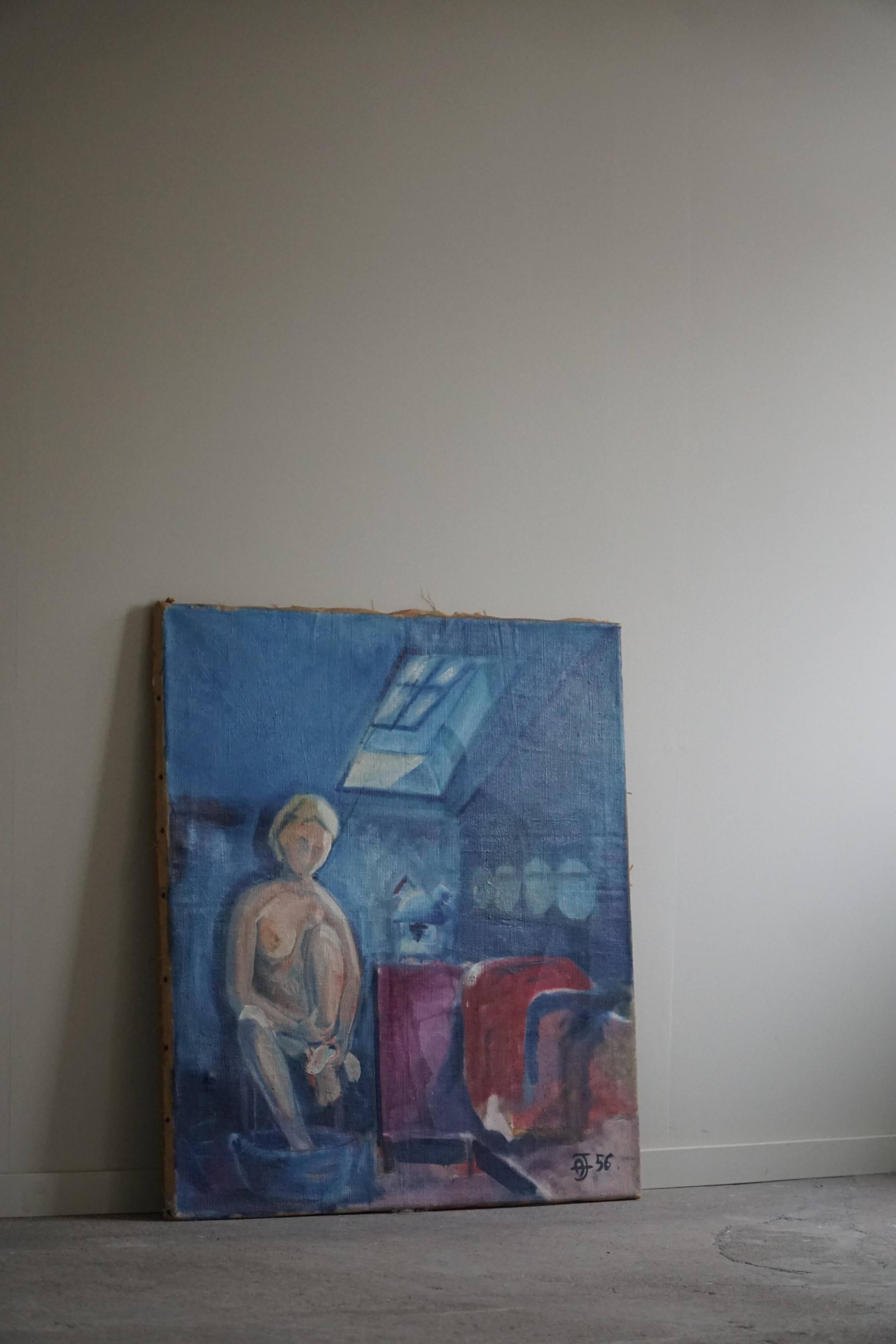 Large oil painting on canvas, unknown artist, 1956, mid-century Danish.