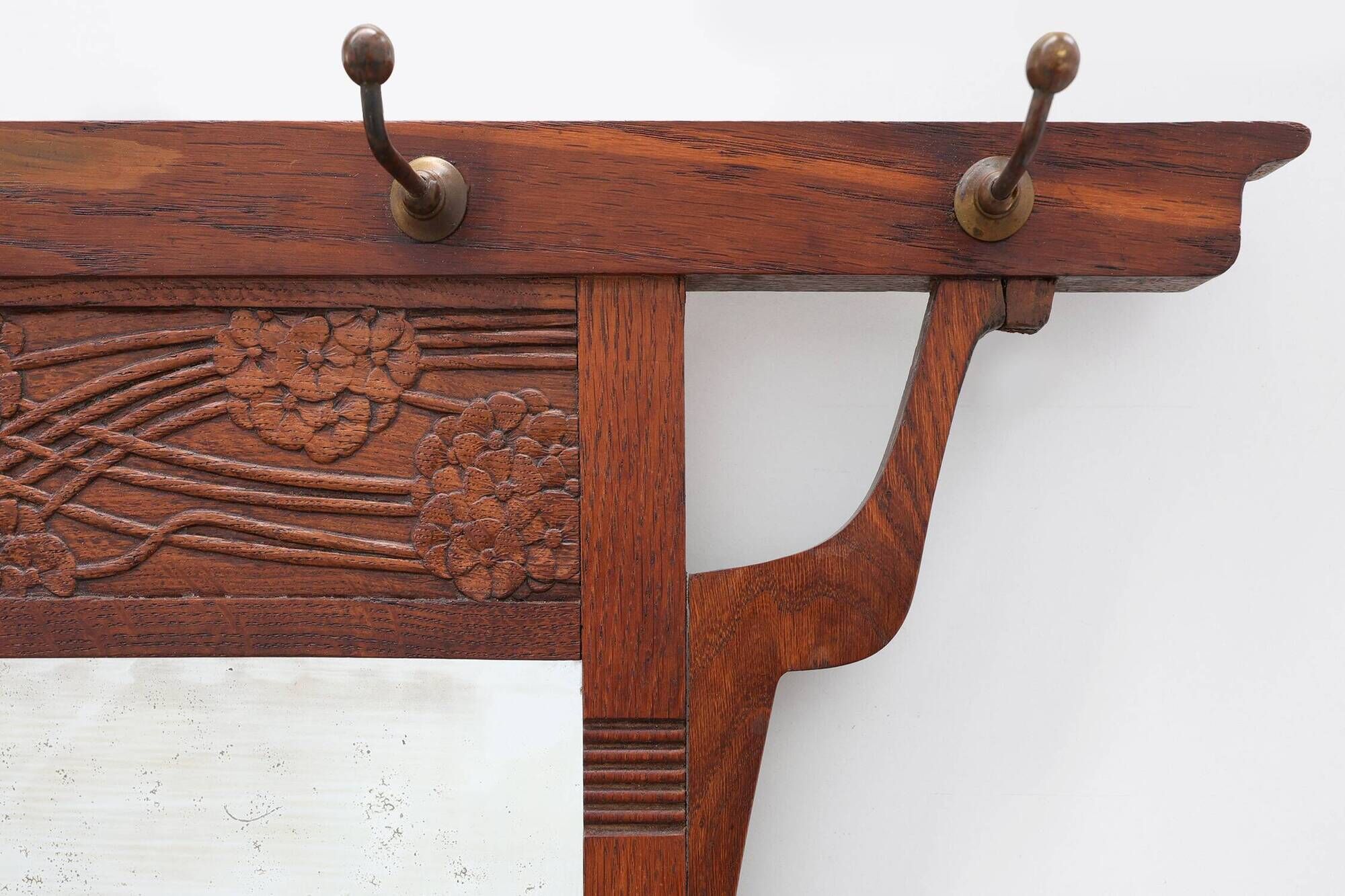 Art Nouveau Oak Coat Rack with Mirror and Floral Carvings, Belgium, circa 1