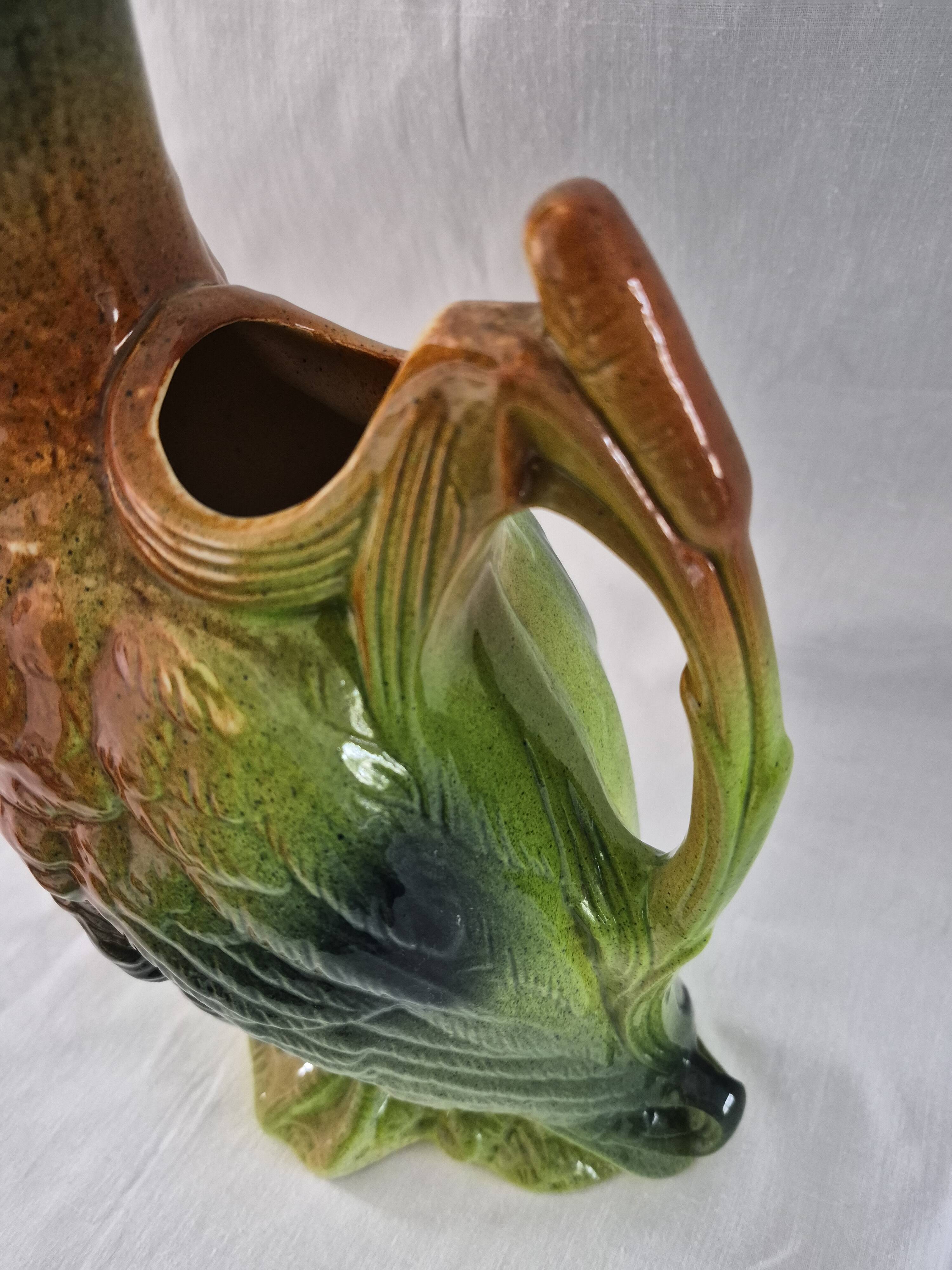 Old barbotine jug Saint Clément Mallard Duck A027