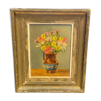 Oil on cardboard still life with flowers early xxeme