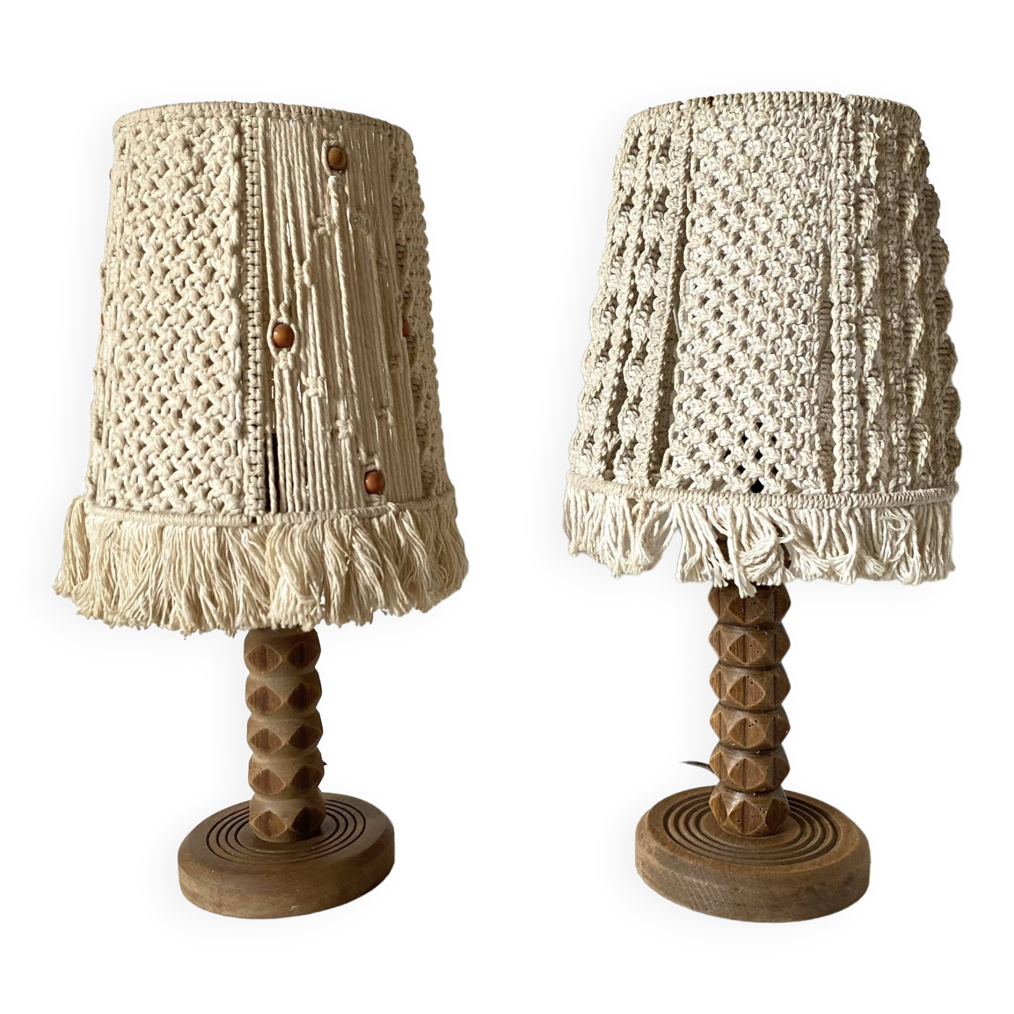 Pair of carved wood and macramé bedside lamps