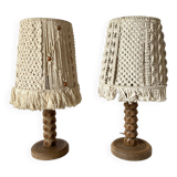 Pair of carved wood and macramé bedside lamps