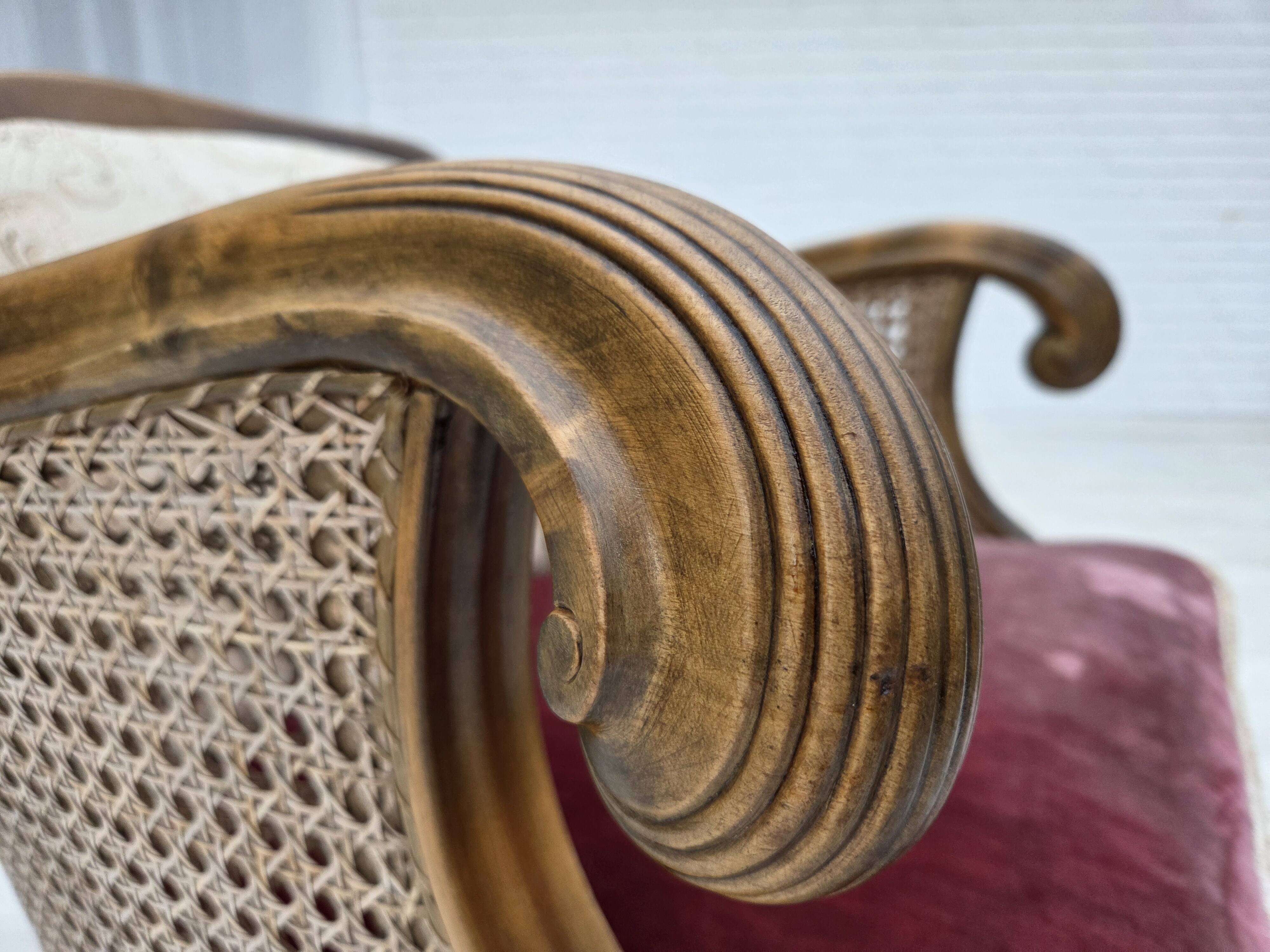 1940s, Danish armchair, woven wool, velour, mesh, carved oak wood.