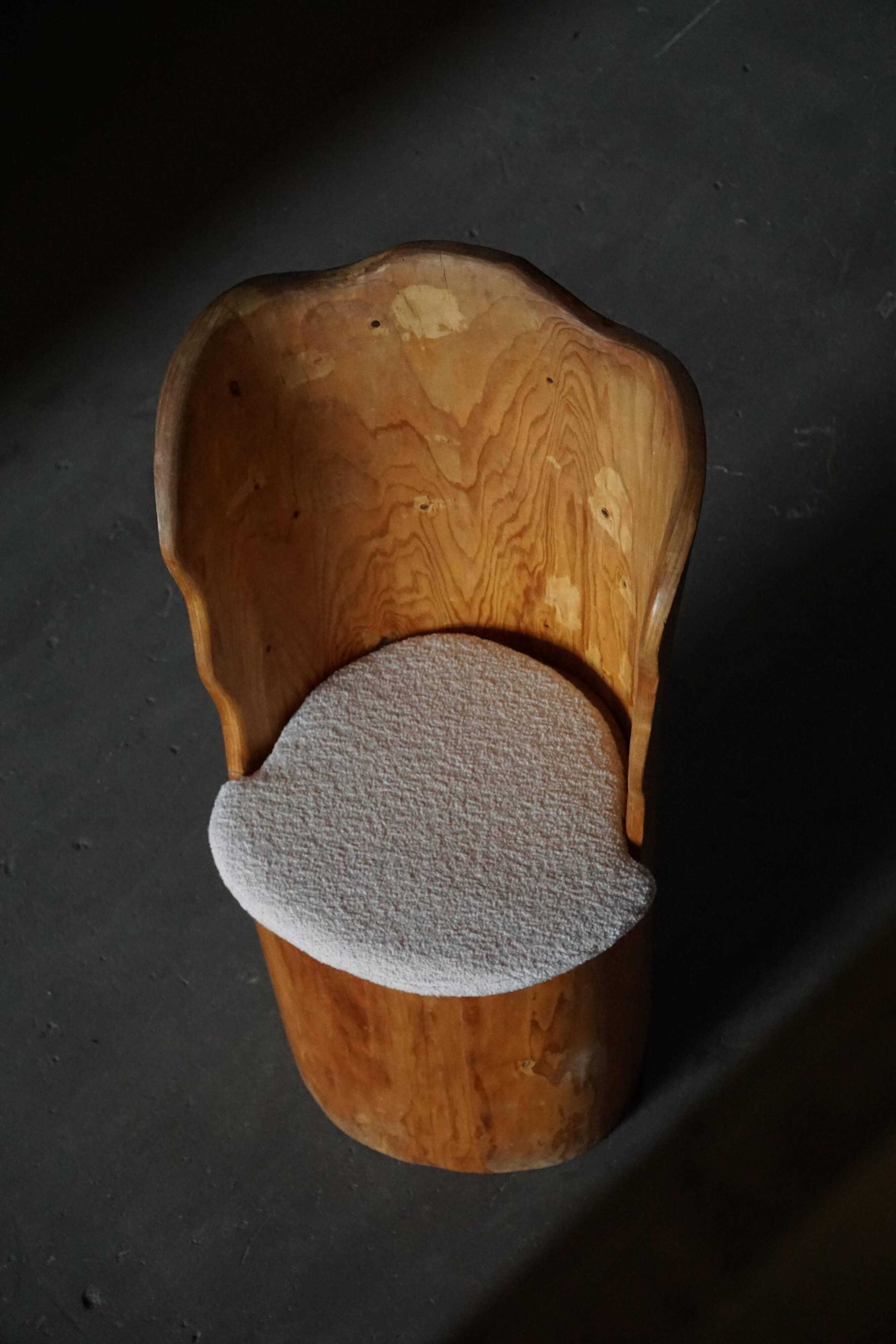 Fauteuil Brutaliste en Tronc en Pin Massif & Bouclé, Moderne du Milieu du Siècle Suédois, Années 1970