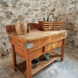 Table de boucher française vintage – Bloc de hêtre des années 1960 – Table de boucher avec tiroir et étagère