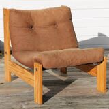 Pine and velvet armchair