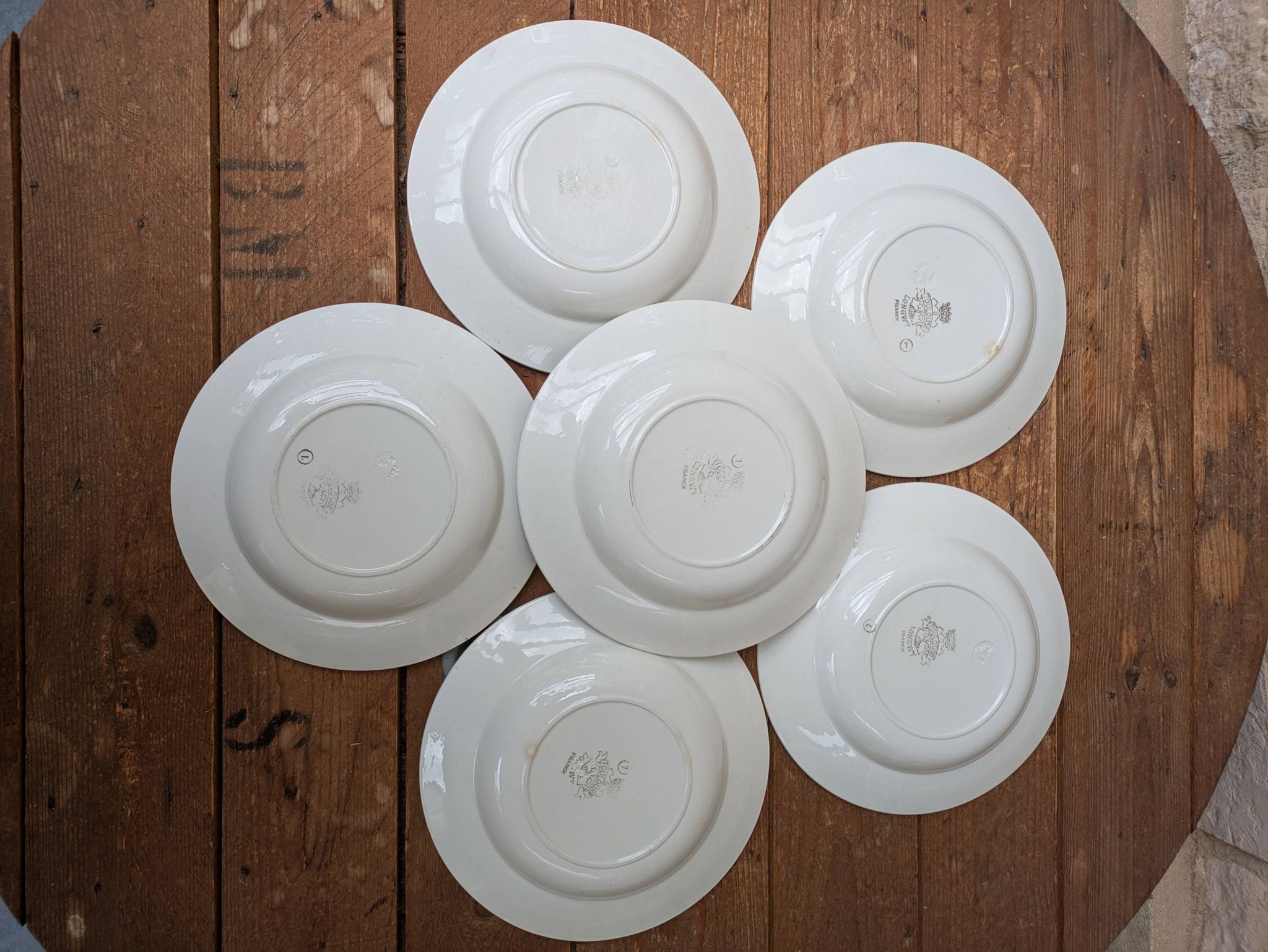 6 assiettes creuses Longwy modèle Toulouse bordure rose terre de fer