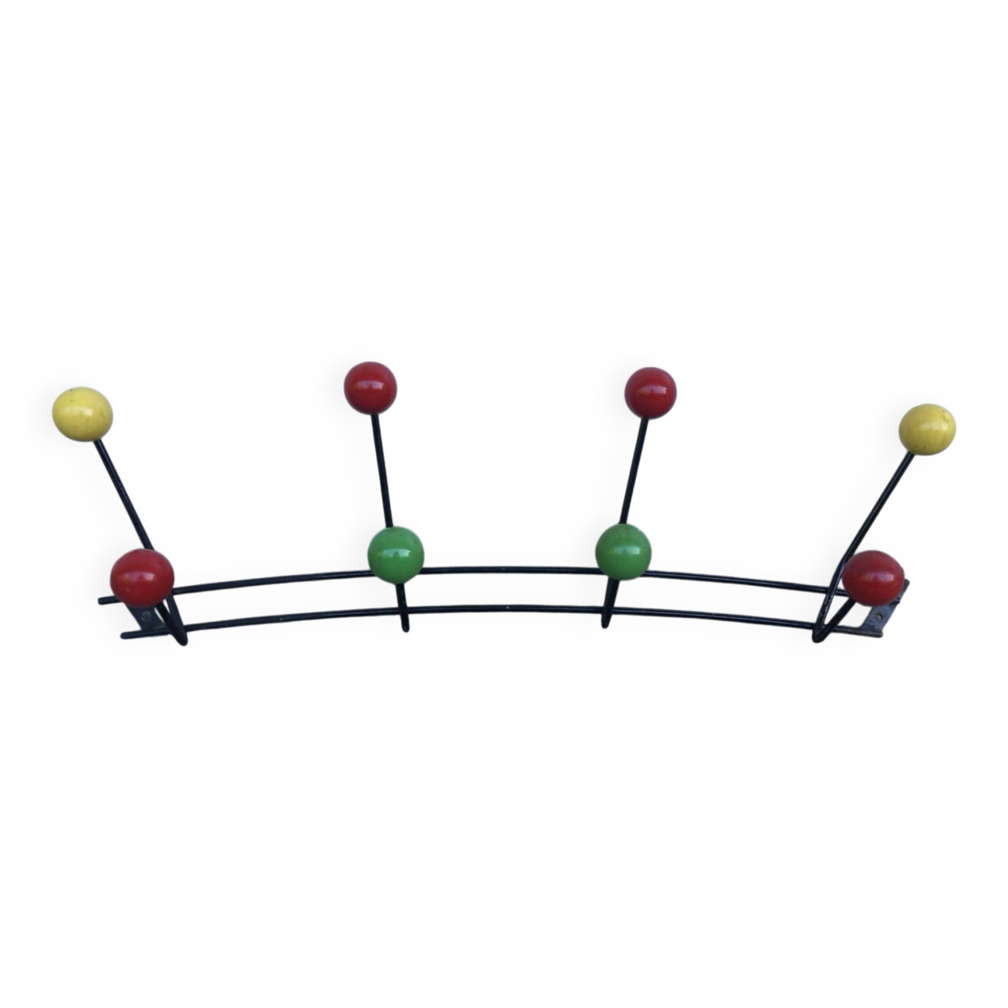 Roger Feraud wall-mounted wooden coat rack with colored balls, 1950