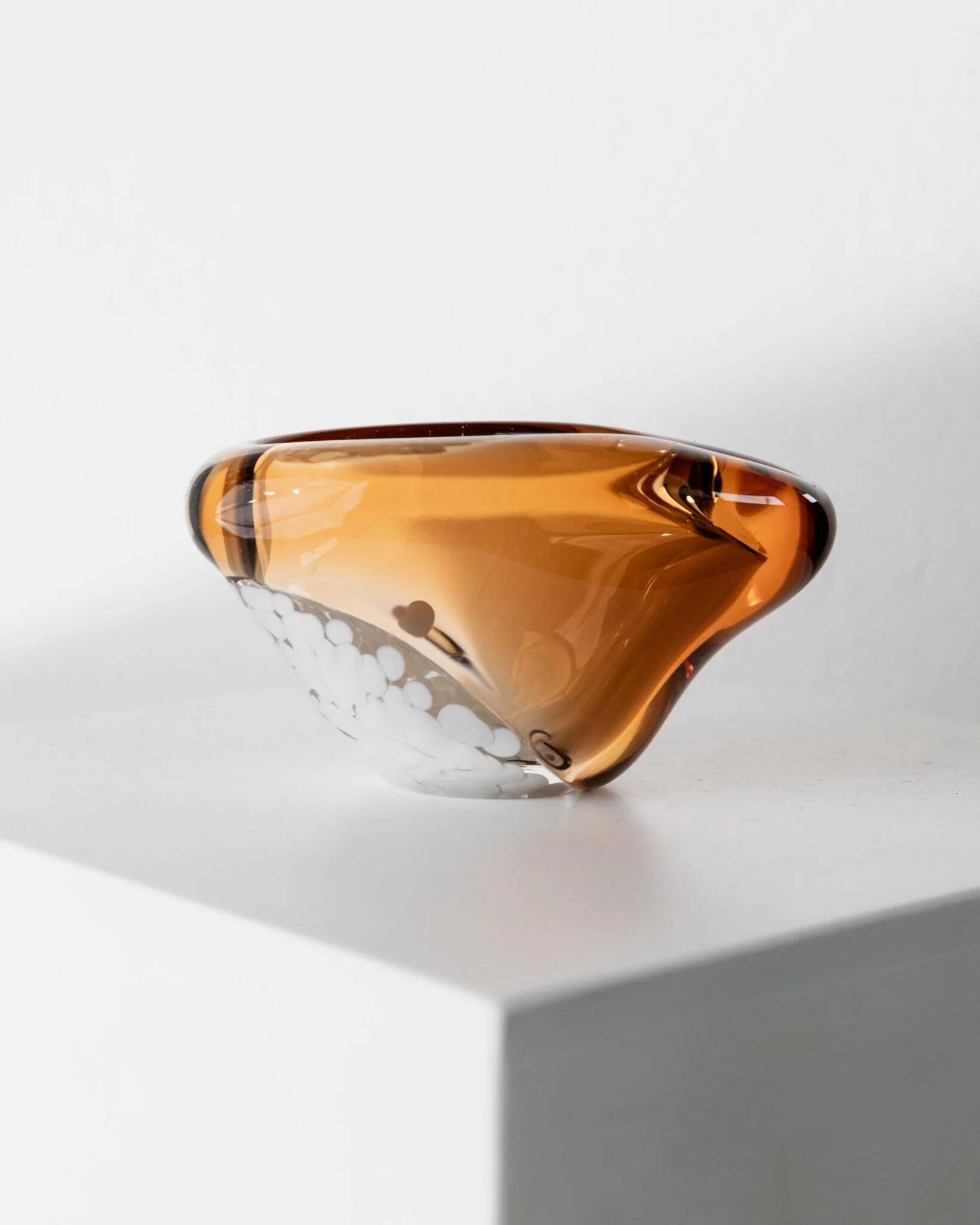 Vintage glass ashtray - Pavel Stejskal for Beranek Skrdlovice, Czech glass from the 1970s, orange with white spots.