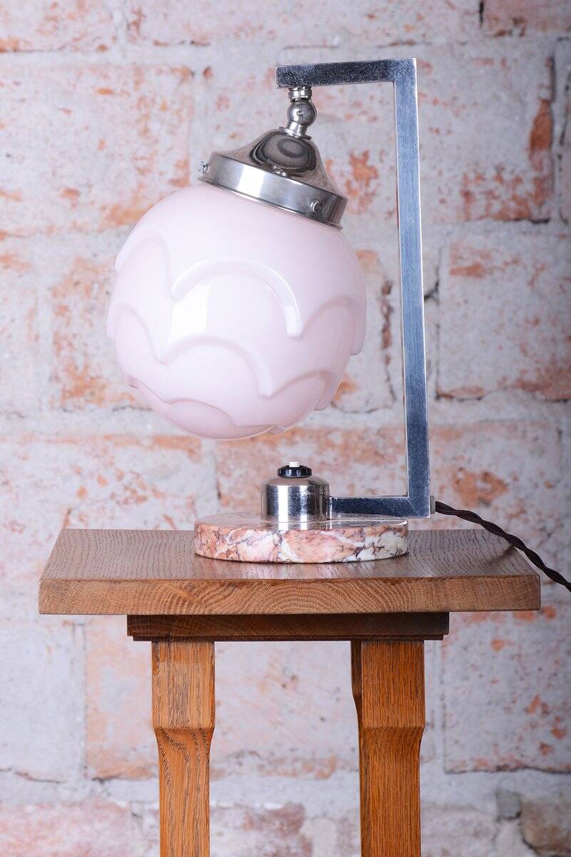 Bauhaus Table Lamp in Marble, Opaline Glass, and Chrome, France, 1920s