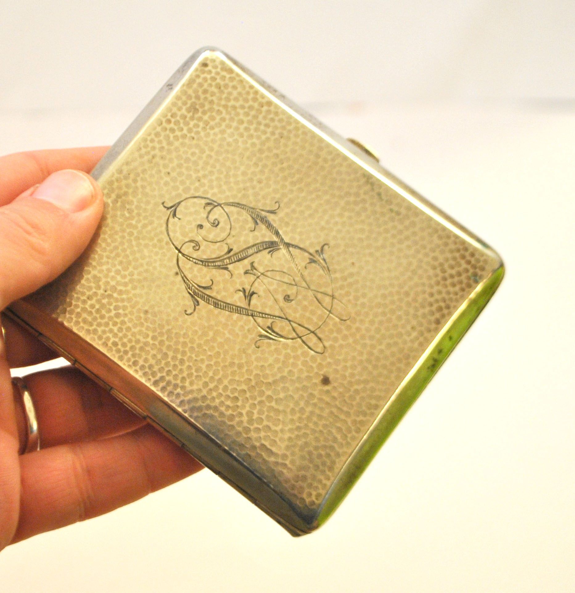 Art Deco cigarette case, alpaca cigarette holder with WS monogram.