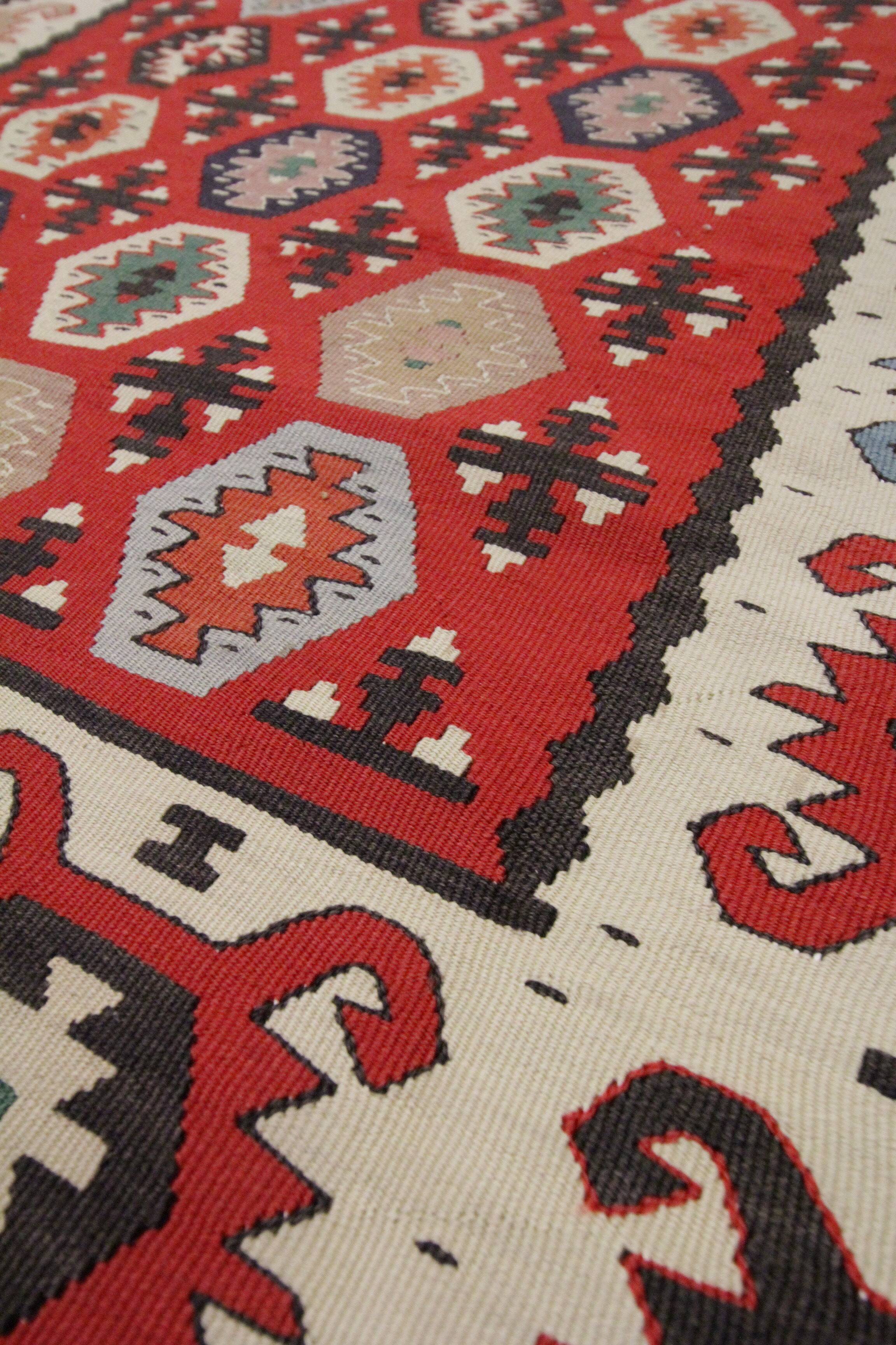 Handwoven Turkish Kilim Rug, 1960s Red Geometric Tribal Rugs 98 x 181 cm