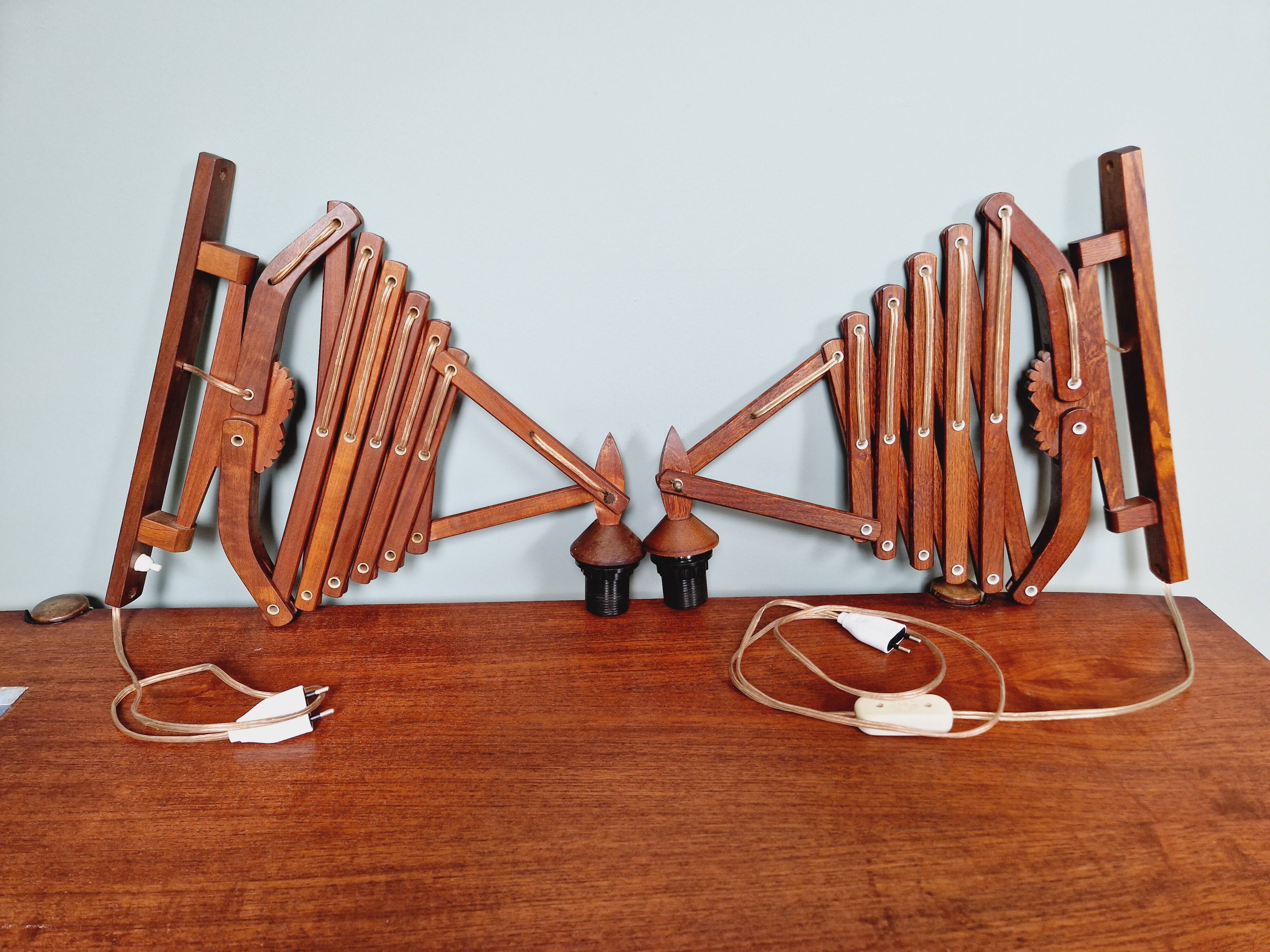 Pair of teak scissor wall lights, Scandinavian style, 1960s