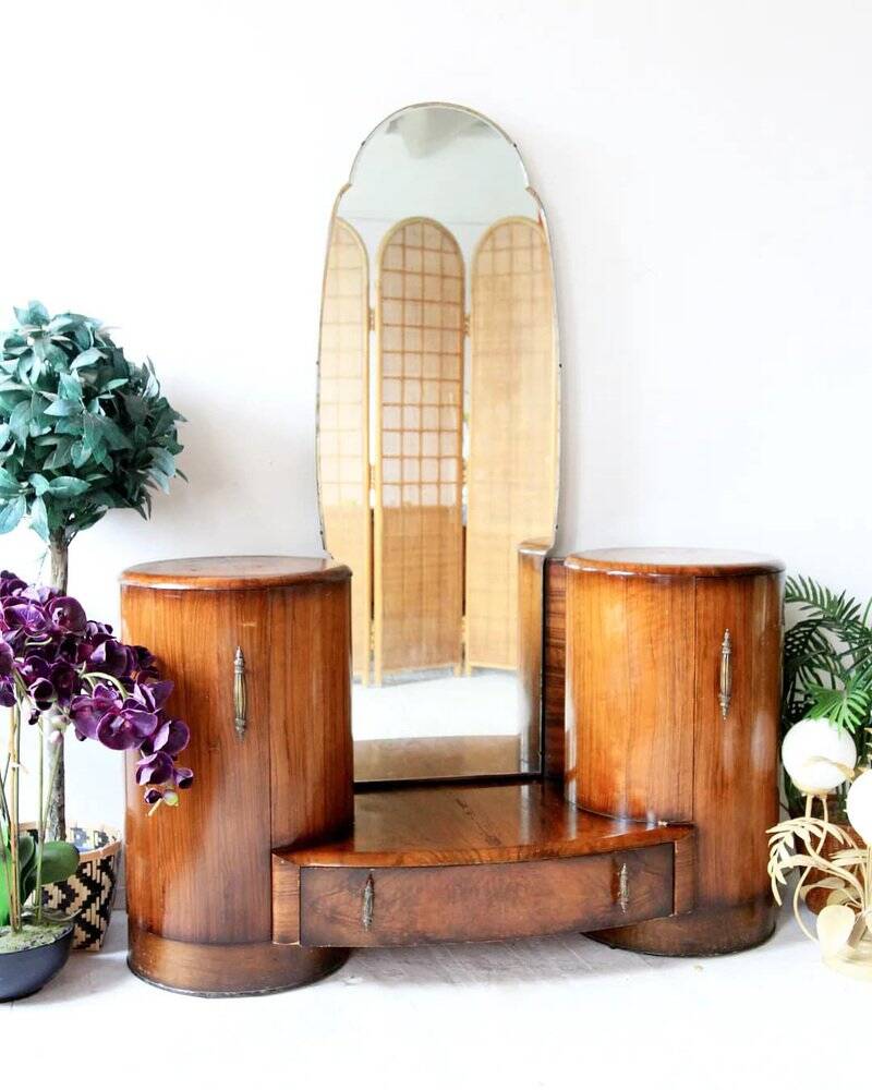 Art Deco brown wooden dressing table with mirror and side cabinets by Shrager Brothers (1930s)