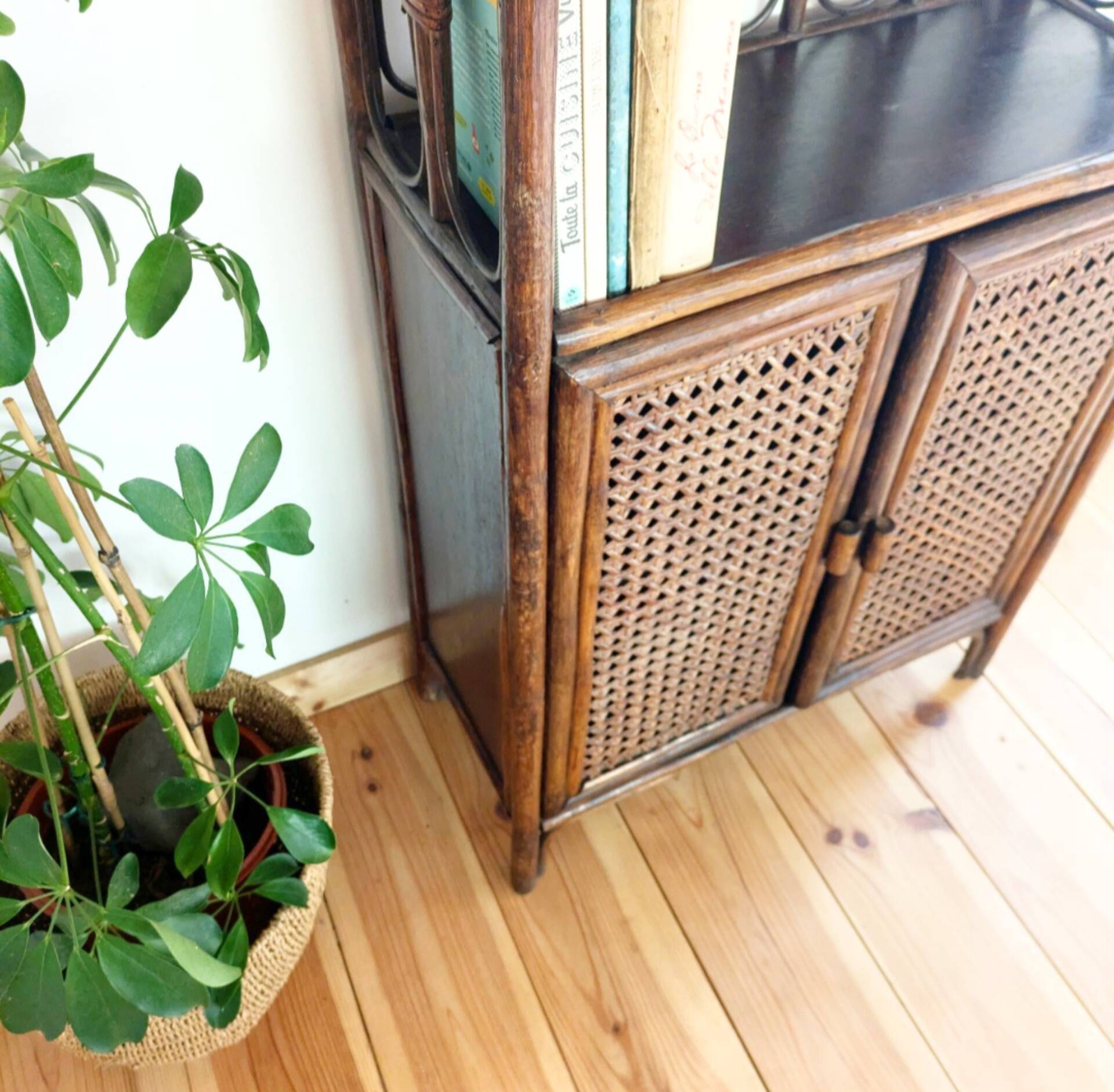 Rattan and cane bookshelf shelf