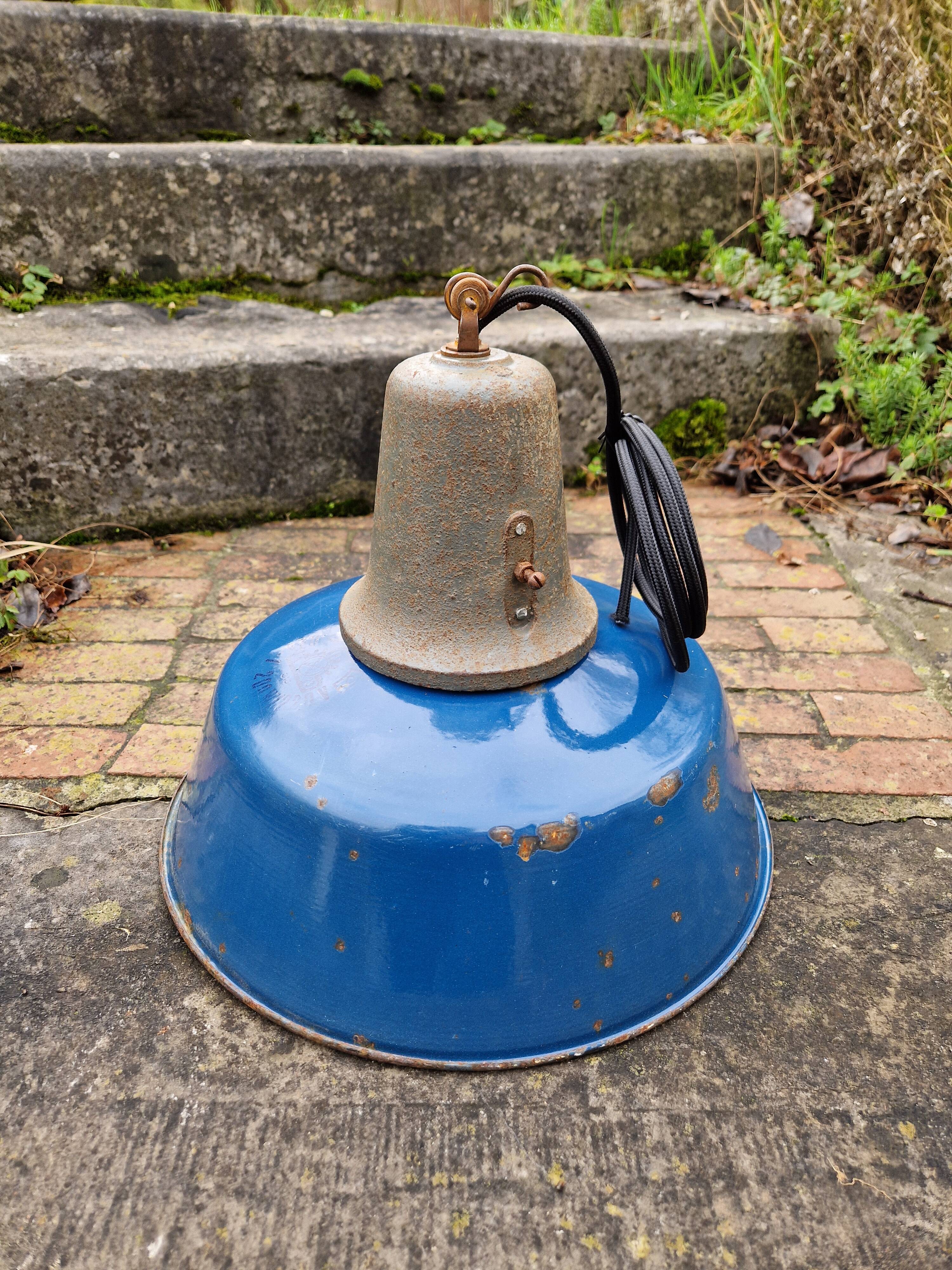 Industrial pendant light in blue enamelled sheet metal and cast iron, Poland, 1950s-60s