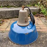 Industrial pendant light in blue enamelled sheet metal and cast iron, Poland, 1950s-60s