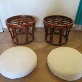 pretty pair of 2 bamboo and rattan stools with cushions - 80s - Vintage - set of 2