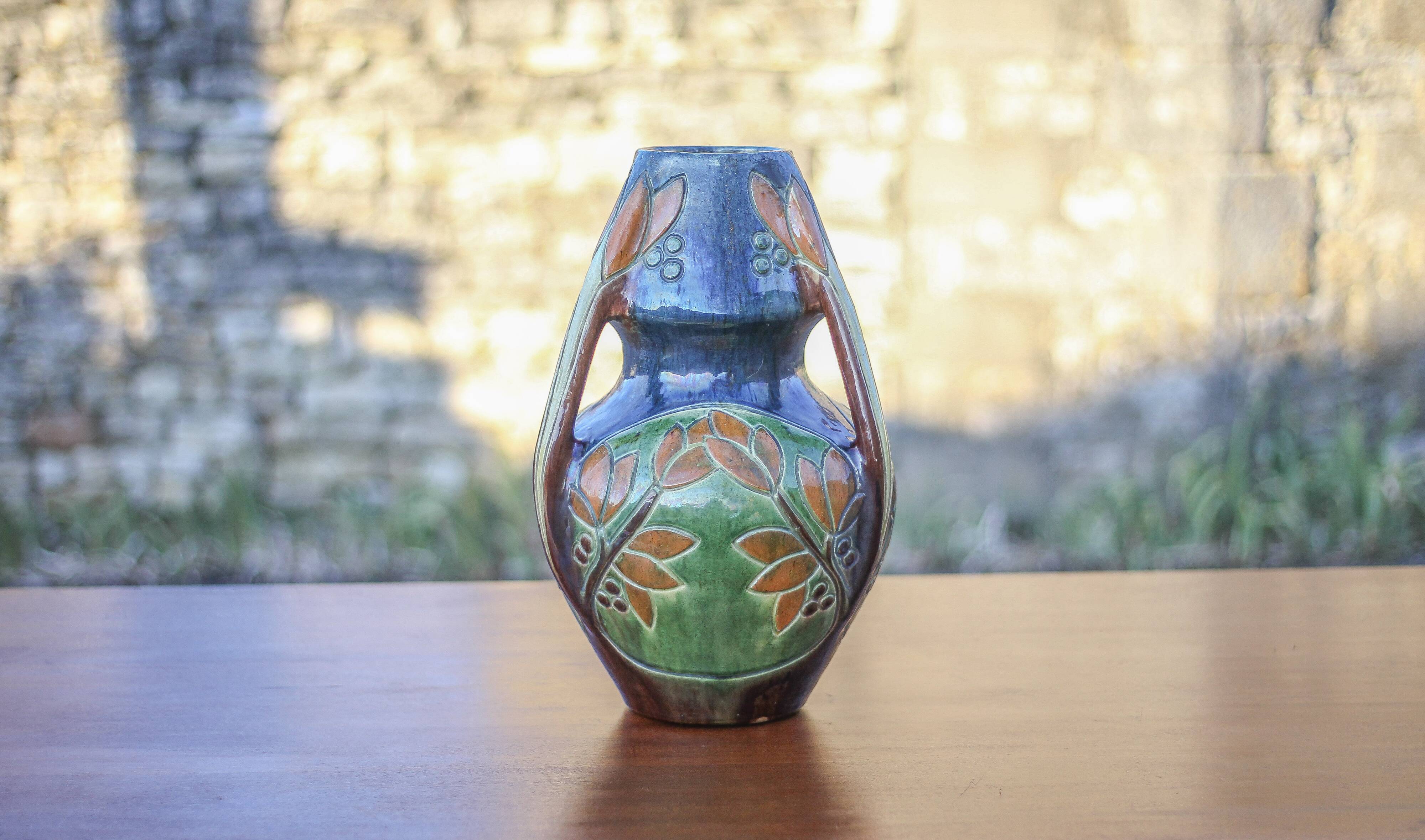 Large Art Deco vase, enamelled terracotta vase with floral motifs, Vase with tripod handles, Art Nouveau