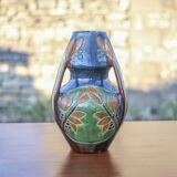Large Art Deco vase, enamelled terracotta vase with floral motifs, Vase with tripod handles, Art Nouveau