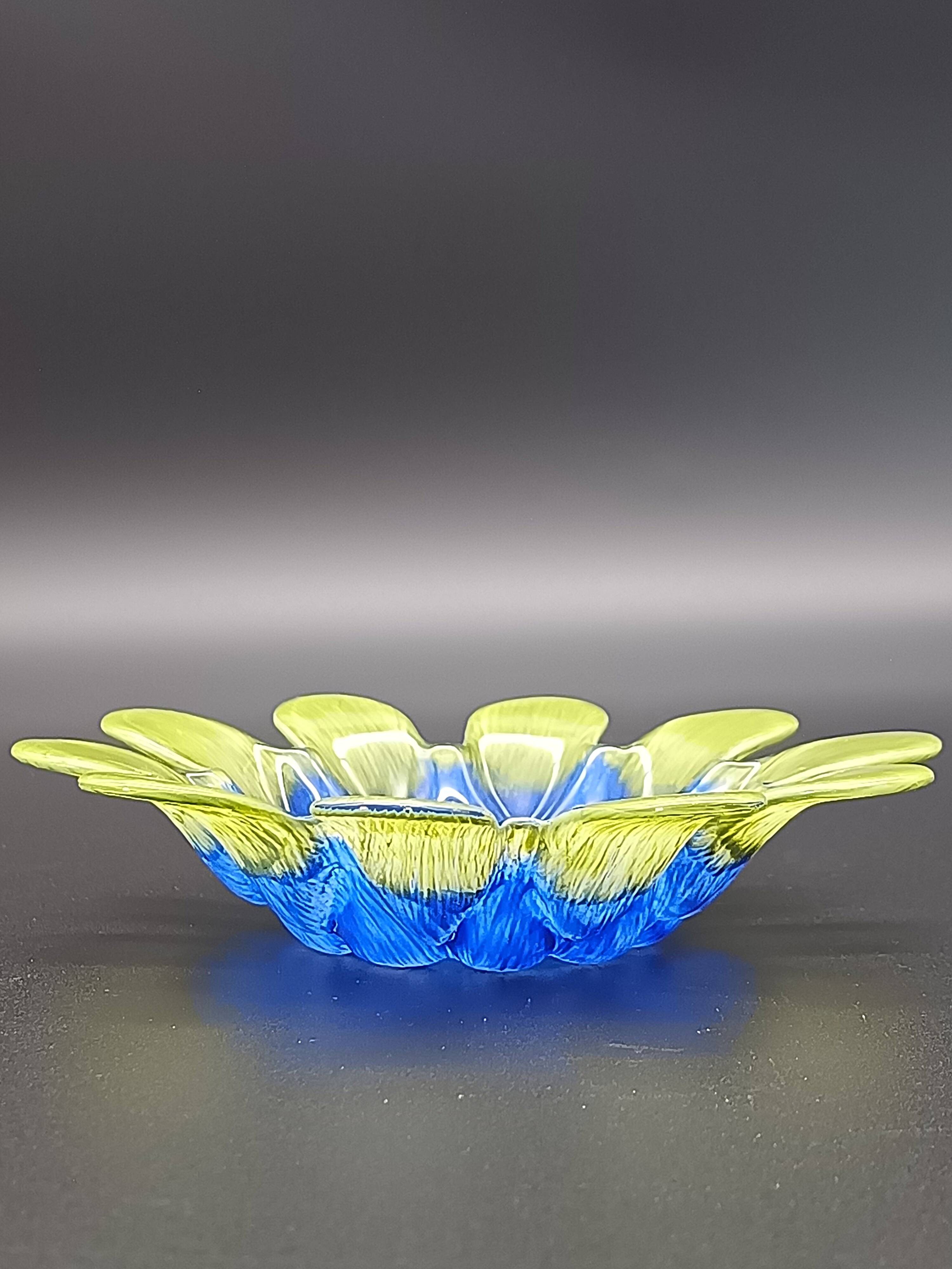 Vintage glass pressed blue & lime green bowl / flower holder