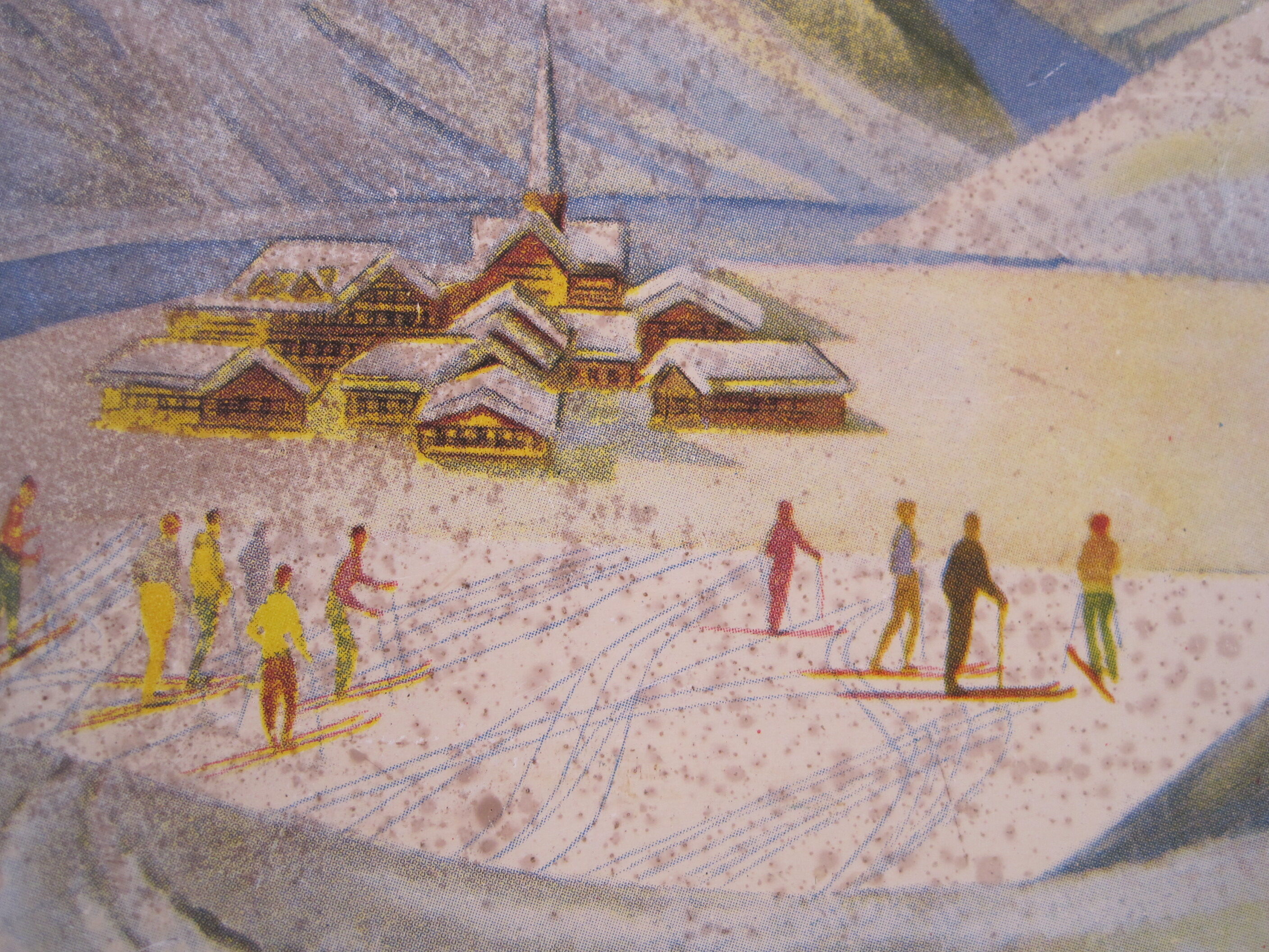 Old vintage service tray in lithographed sheet METAL SKI SNOW WINTER SPORTS