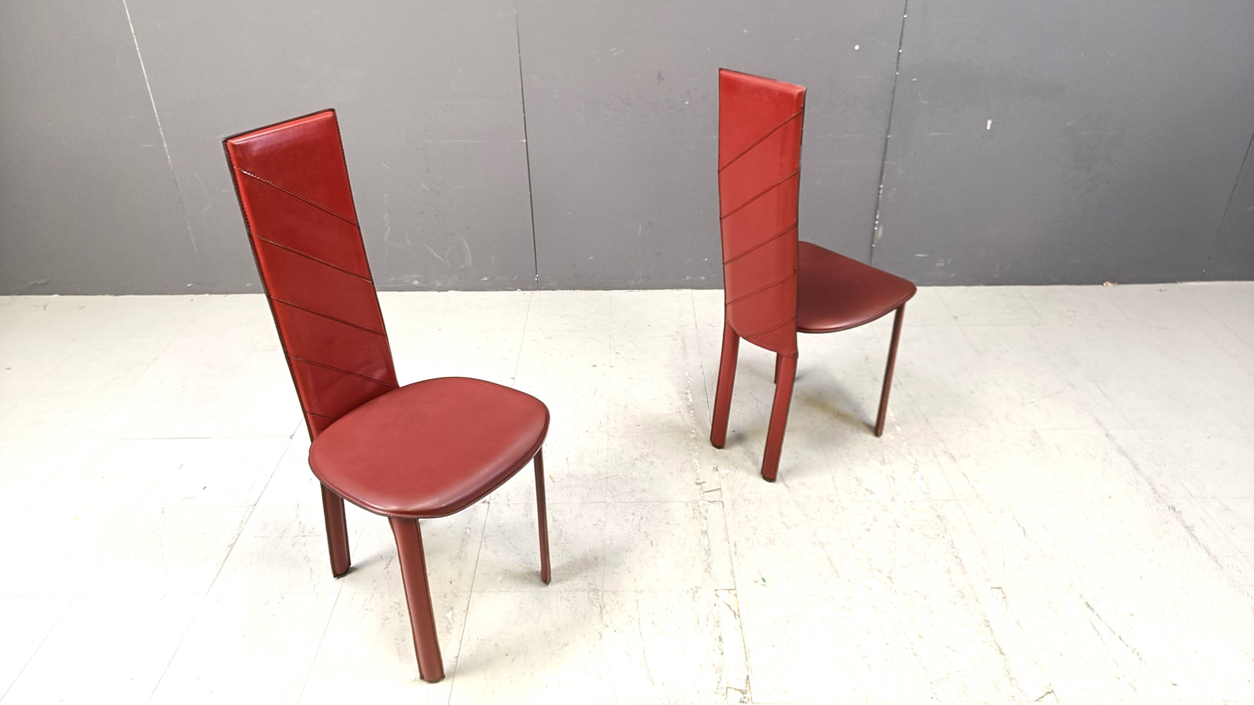Vintage Italian red leather high-back dining chairs, set of 6, 1980s.