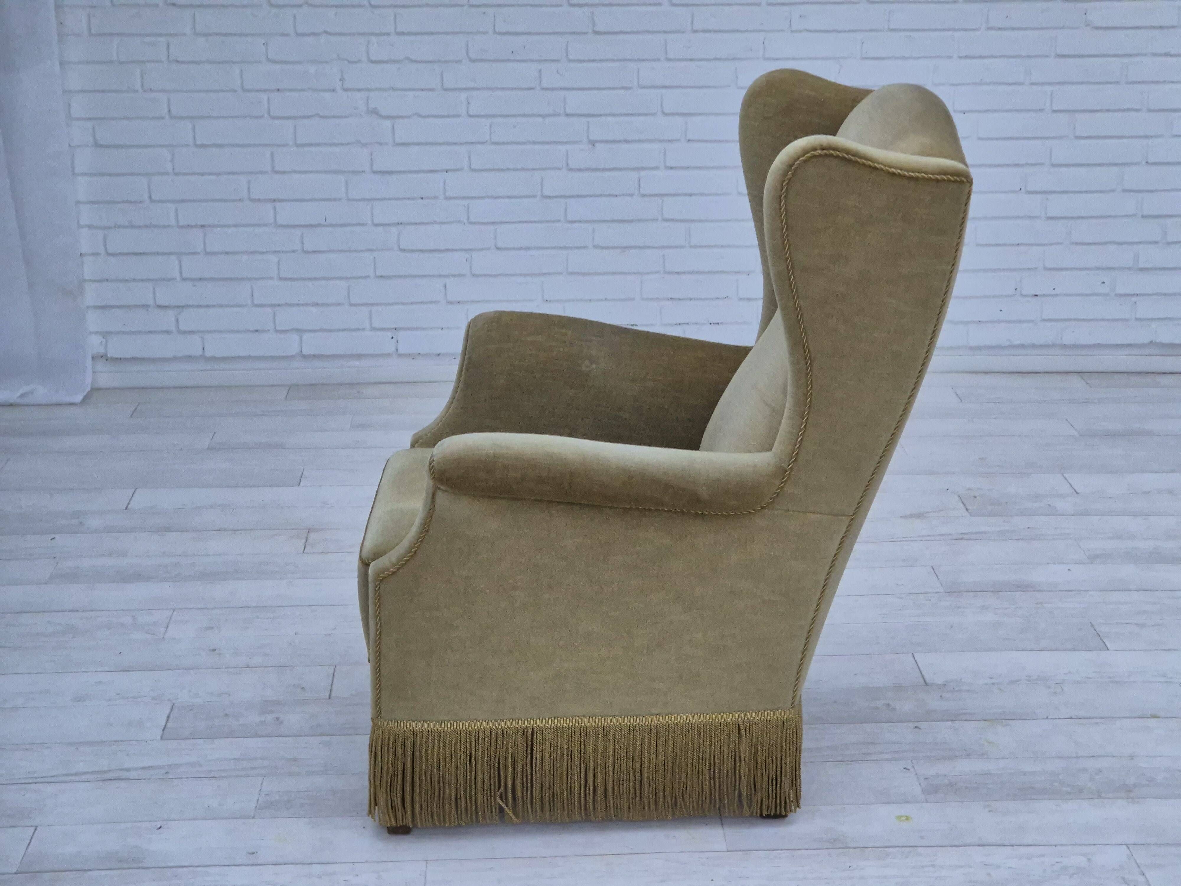 1970s, Danish design, wingback armchair, original condition, furniture velour, beech wood legs.