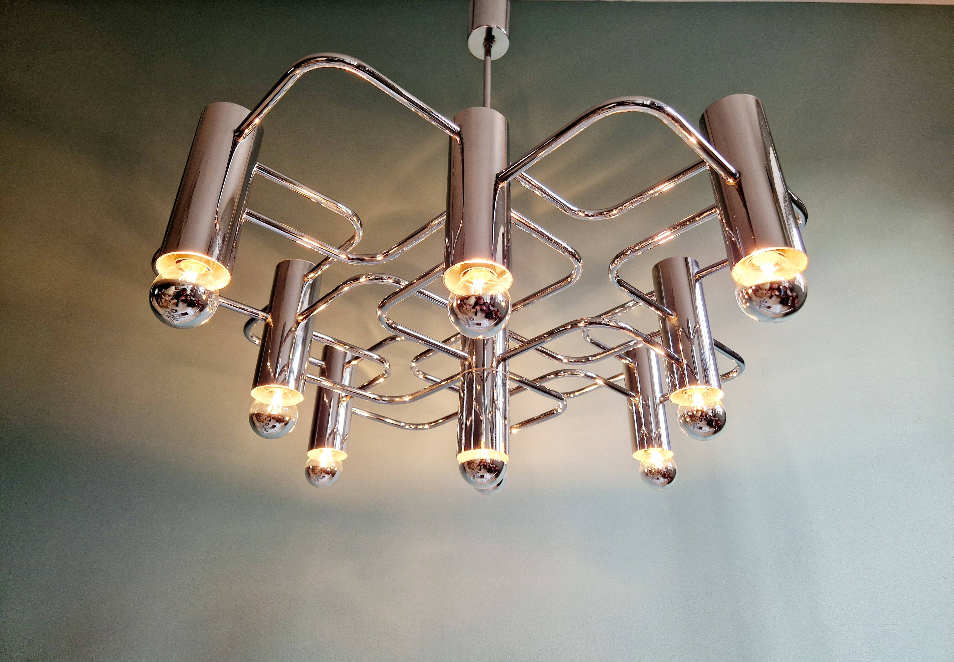 Chromed metal chandelier, design Gaetano Sciolari, 70s