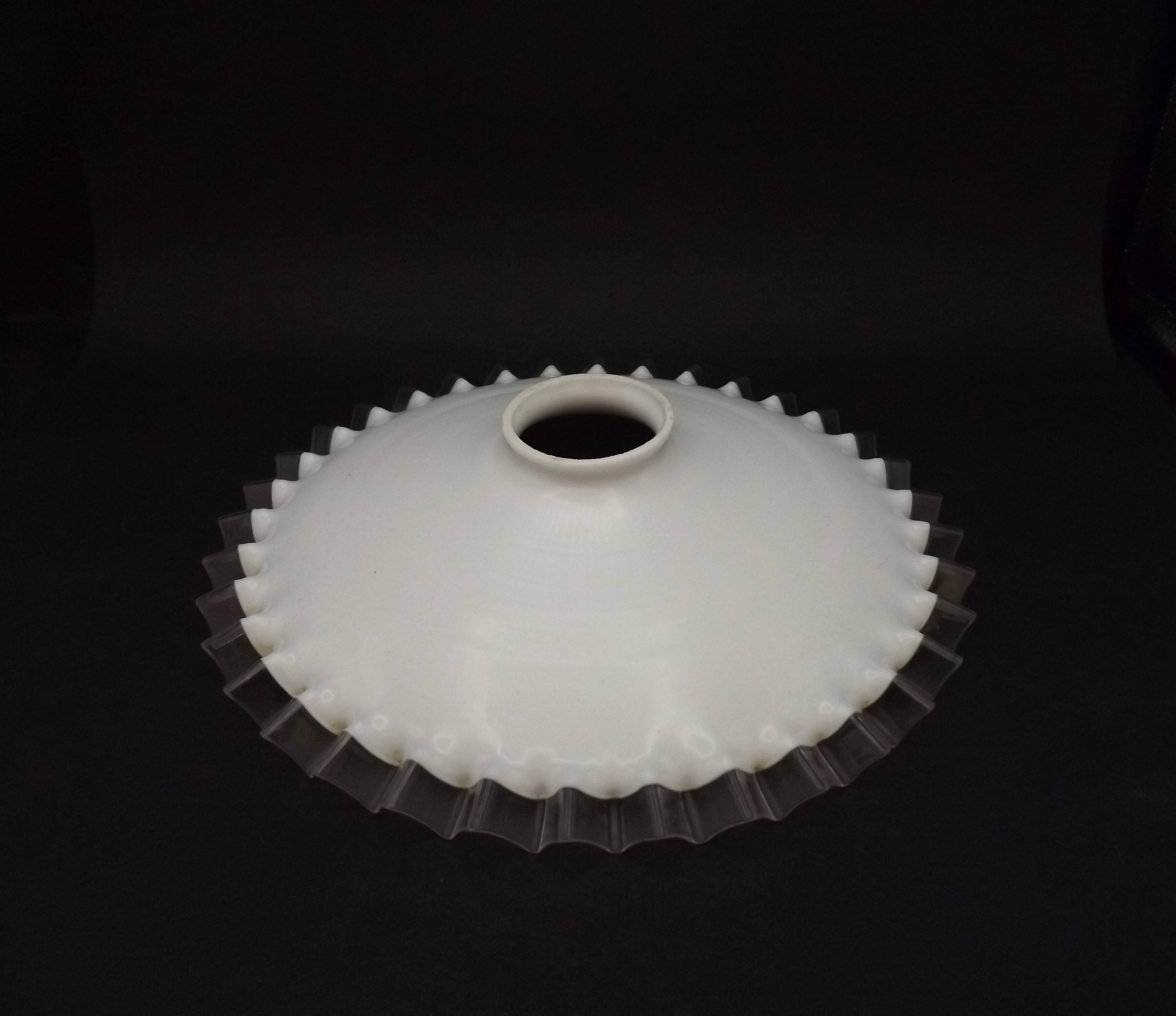 Fringed opal white glass pendant lampshade with scalloped edge.