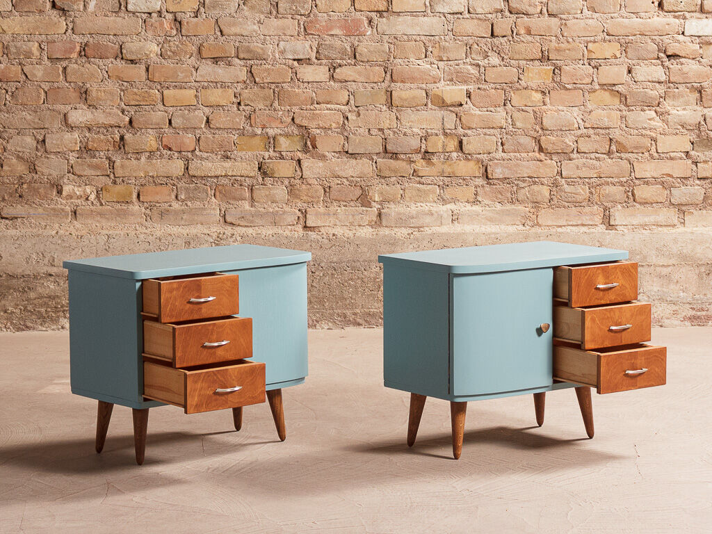 Pair of vintage bedside tables completely redesigned in blueberry on compass feet in solid oak tinted teak