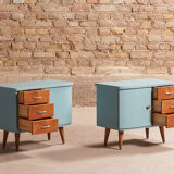 Pair of vintage bedside tables completely redesigned in blueberry on compass feet in solid oak tinted teak