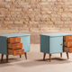 Pair of vintage bedside tables completely redesigned in blueberry on compass feet in solid oak tinted teak