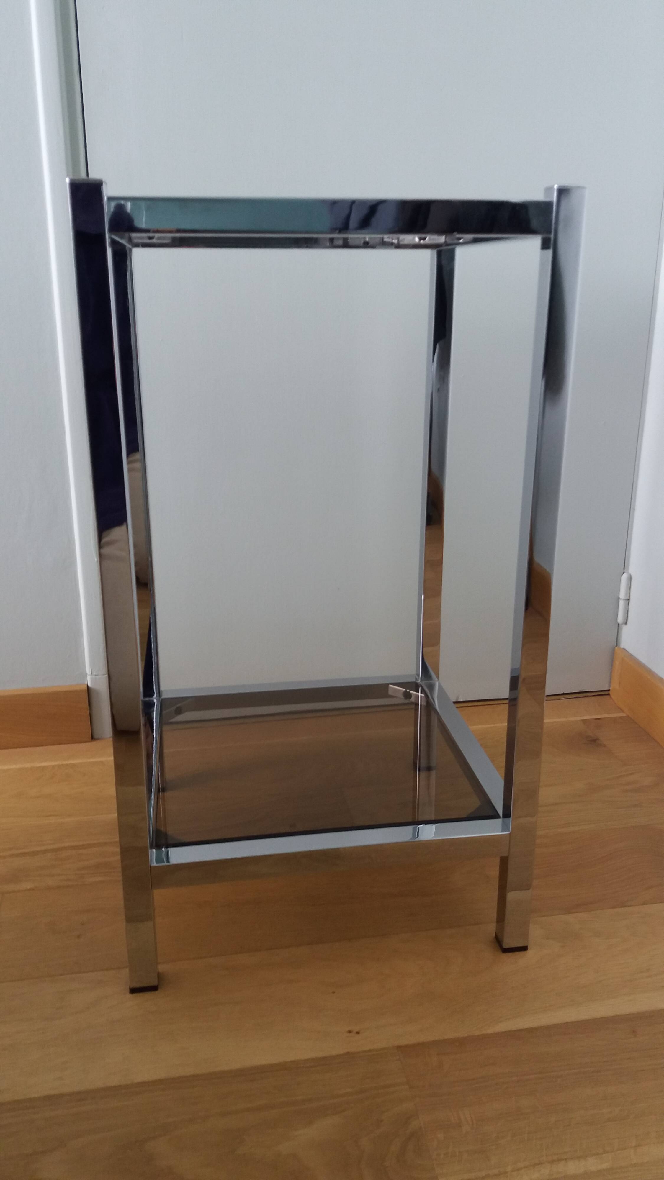 Chrome metal and smoked glass console