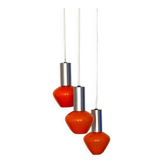 Suspension chandelier waterfall globes in opaline orange glass aluminum design seventies LAMP-7265