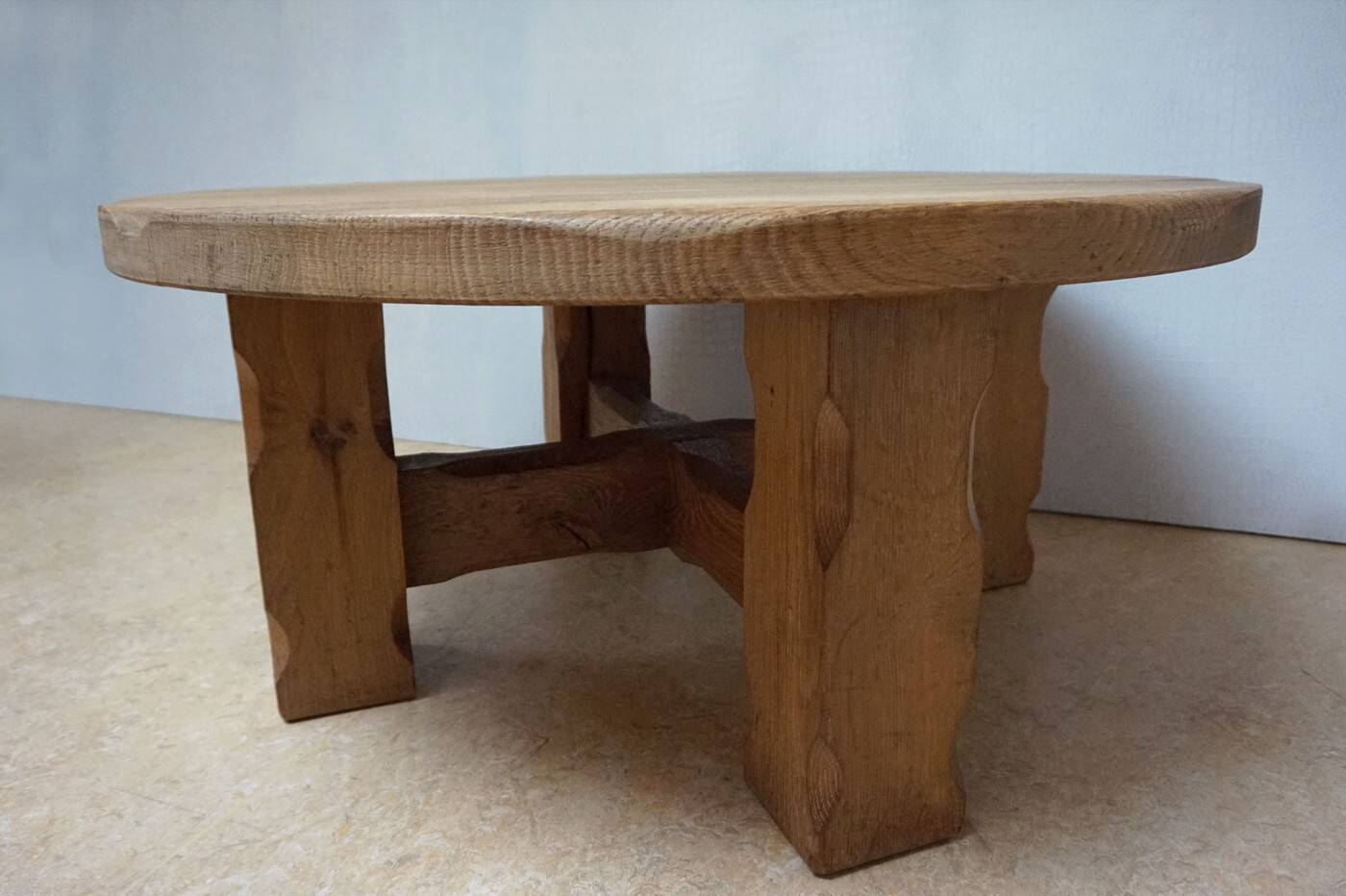 Brutalist Wabi-Sabi Design Handcrafted Round Oak Coffee Table, Netherlands 1960's