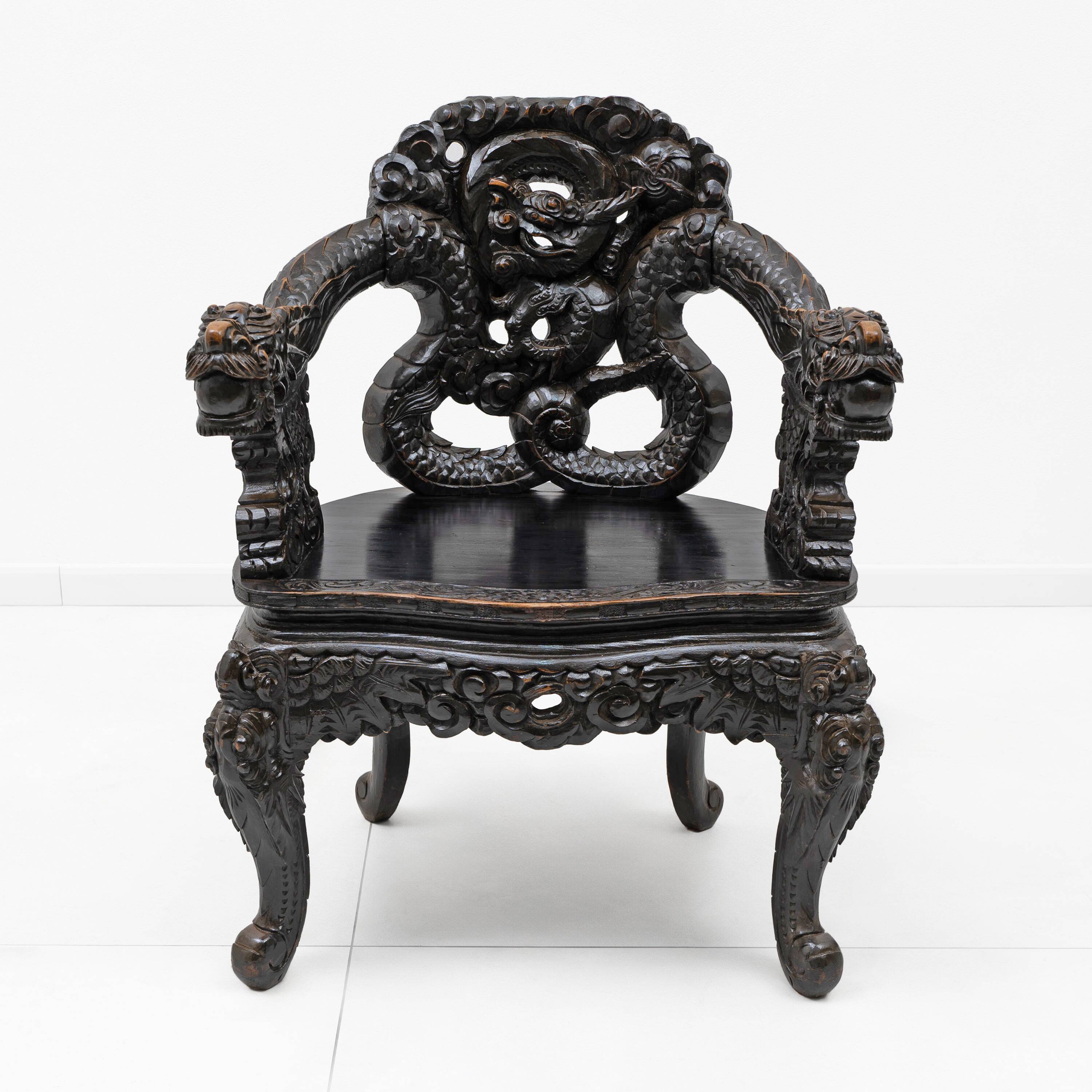 Pair of Chinese Qing Dynasty Carved Dragon Armchairs,Ebonized Hardwood,19th